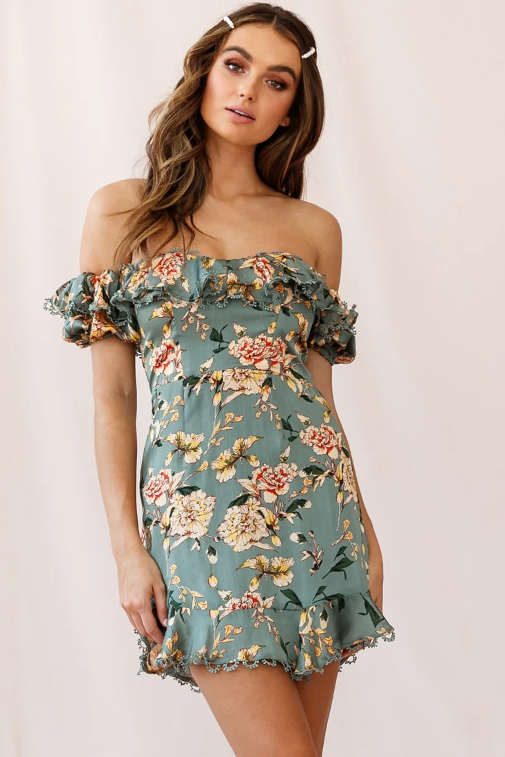 Bobby Bardot Neckline Puff Sleeve Dress Olive - Sonourner