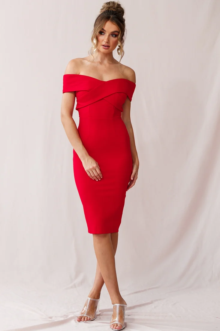 Corrine Elegant Off The Shoulder Bodycon Dress Red - Sonourner