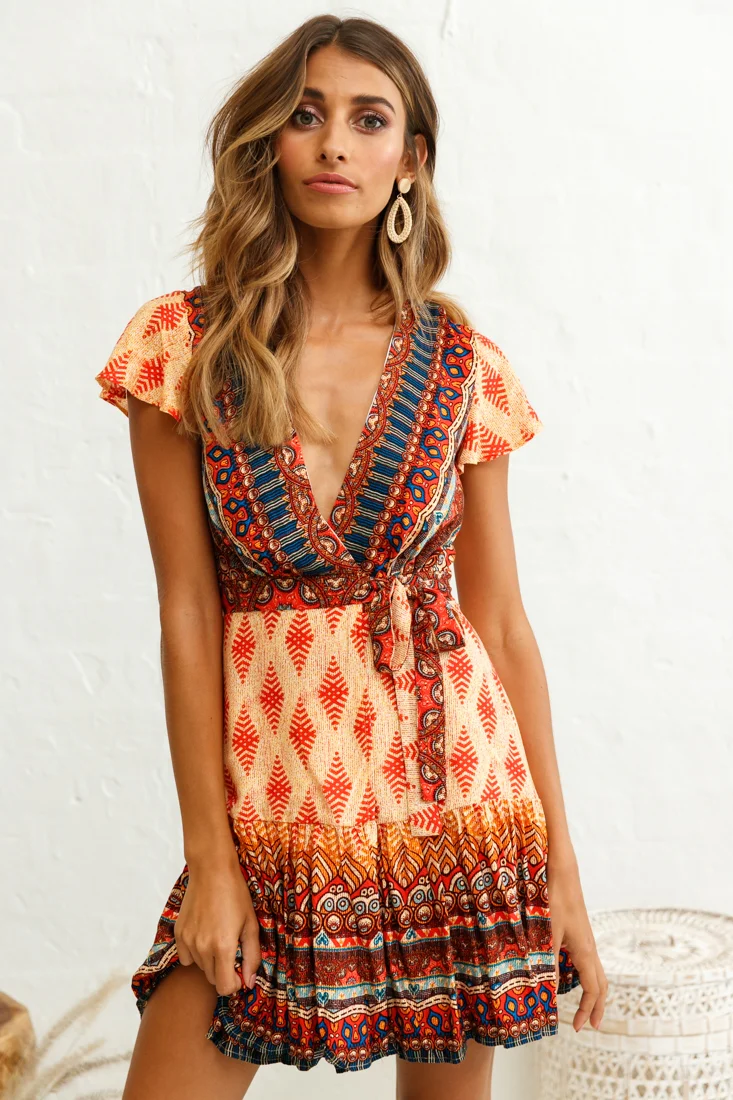 Mayan Angel Sleeve Waist Tie Dress Red Print - Sonourner