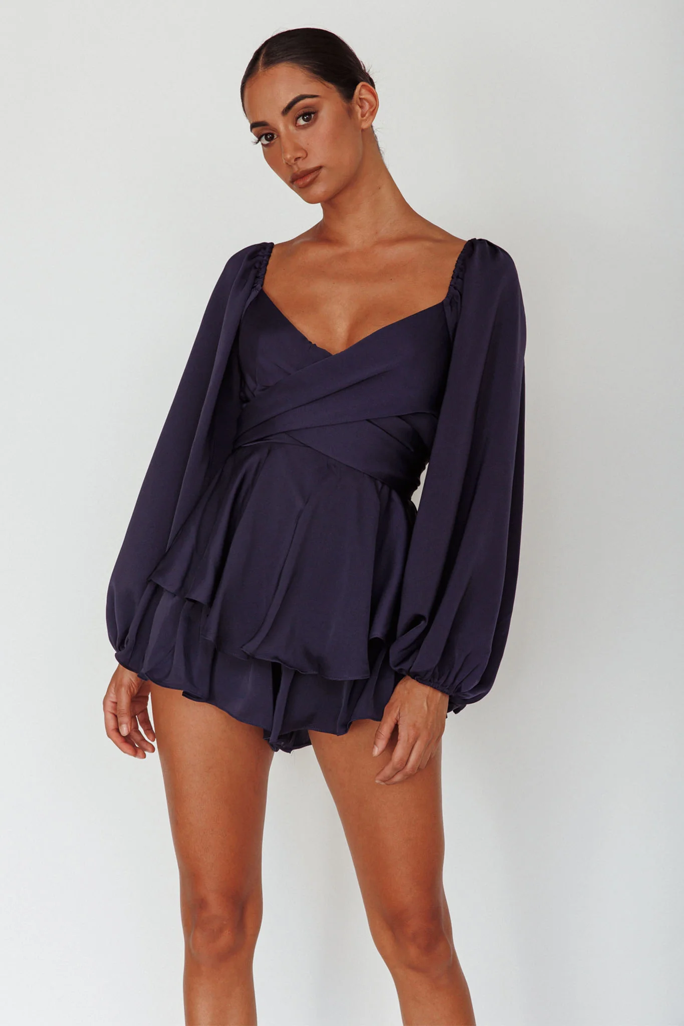 It's Complicated Long Sleeve Flounce Romper Navy - Sonourner