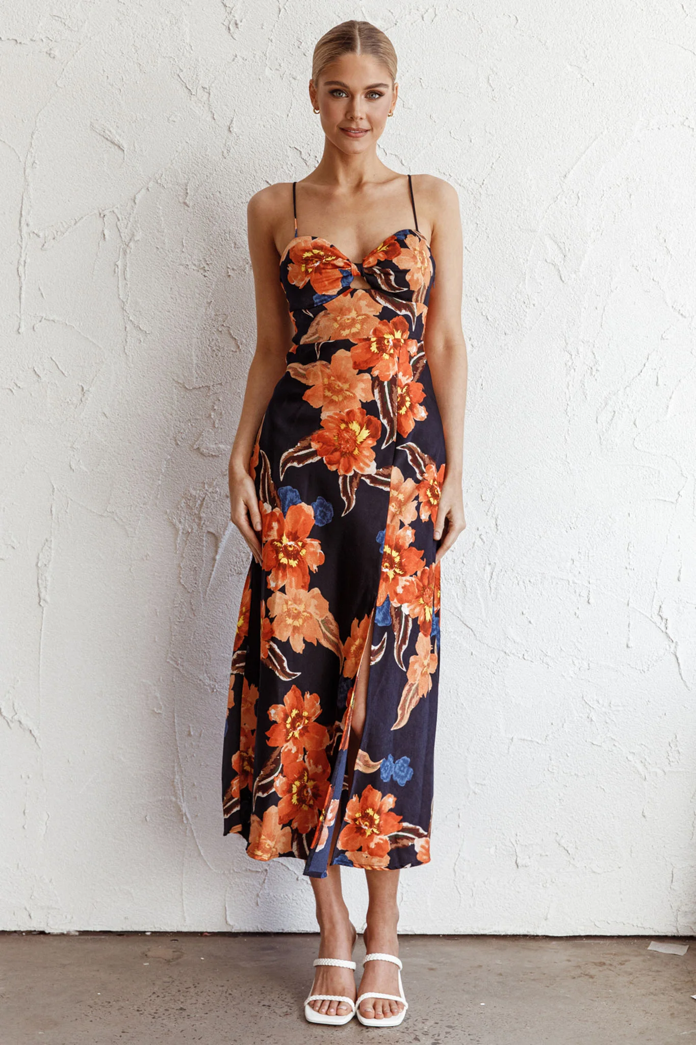Missoula Cami Strap Padded Bust Midi Dress Flower Orange - Sonourner