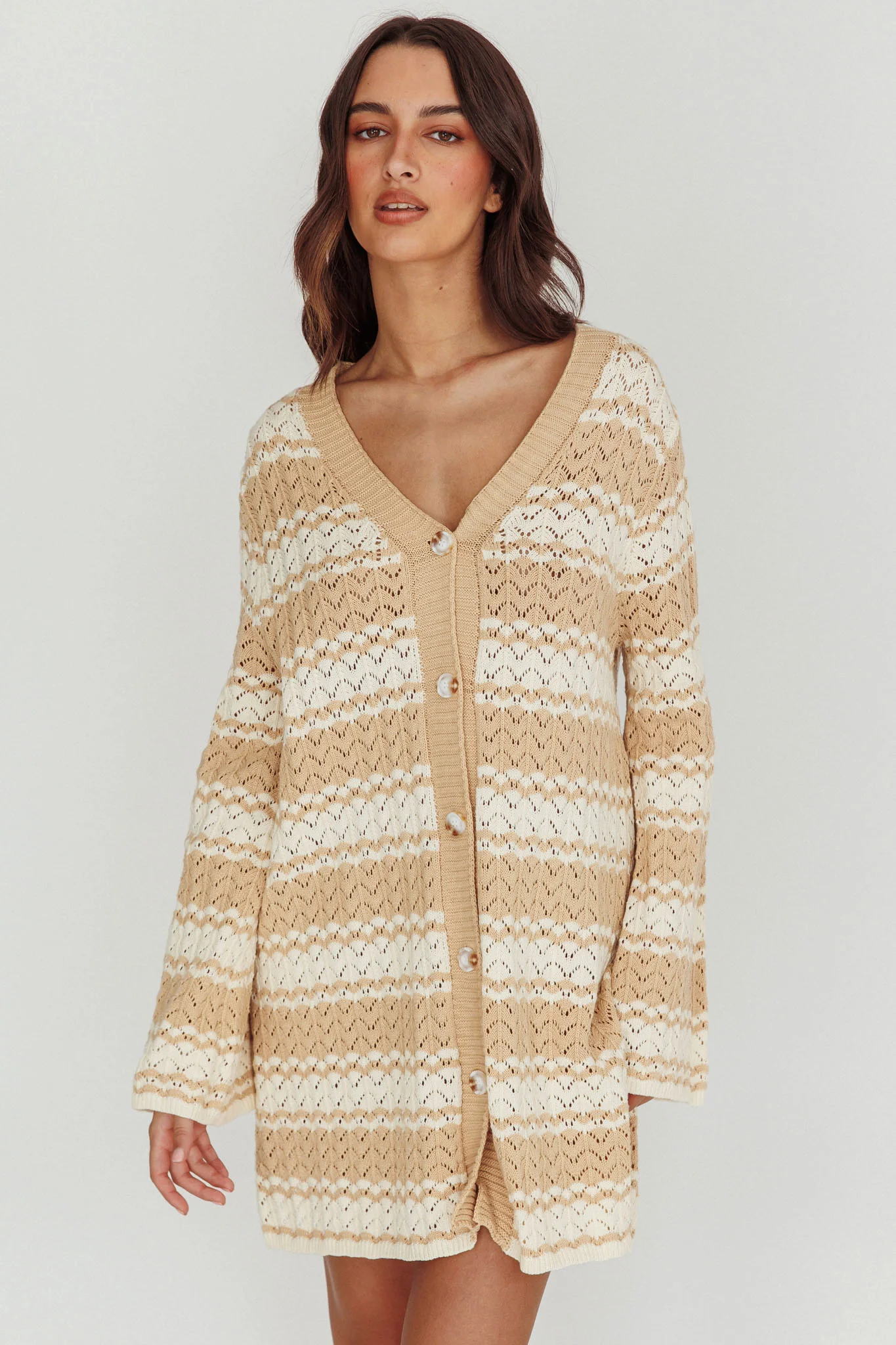 Maysah Button-Up Knit Shirt Dress Nude Ivory - Sonourner