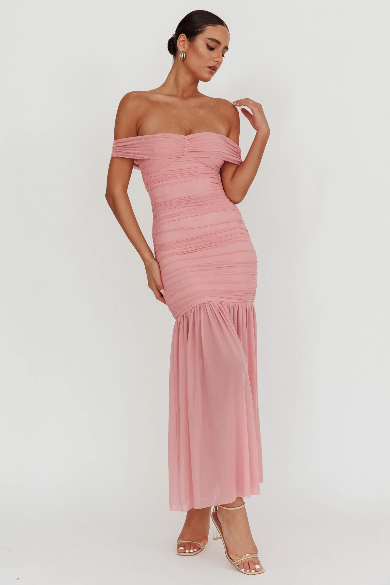 La Salle Off Shoulder Mesh Maxi Dress Pink - Sonourner