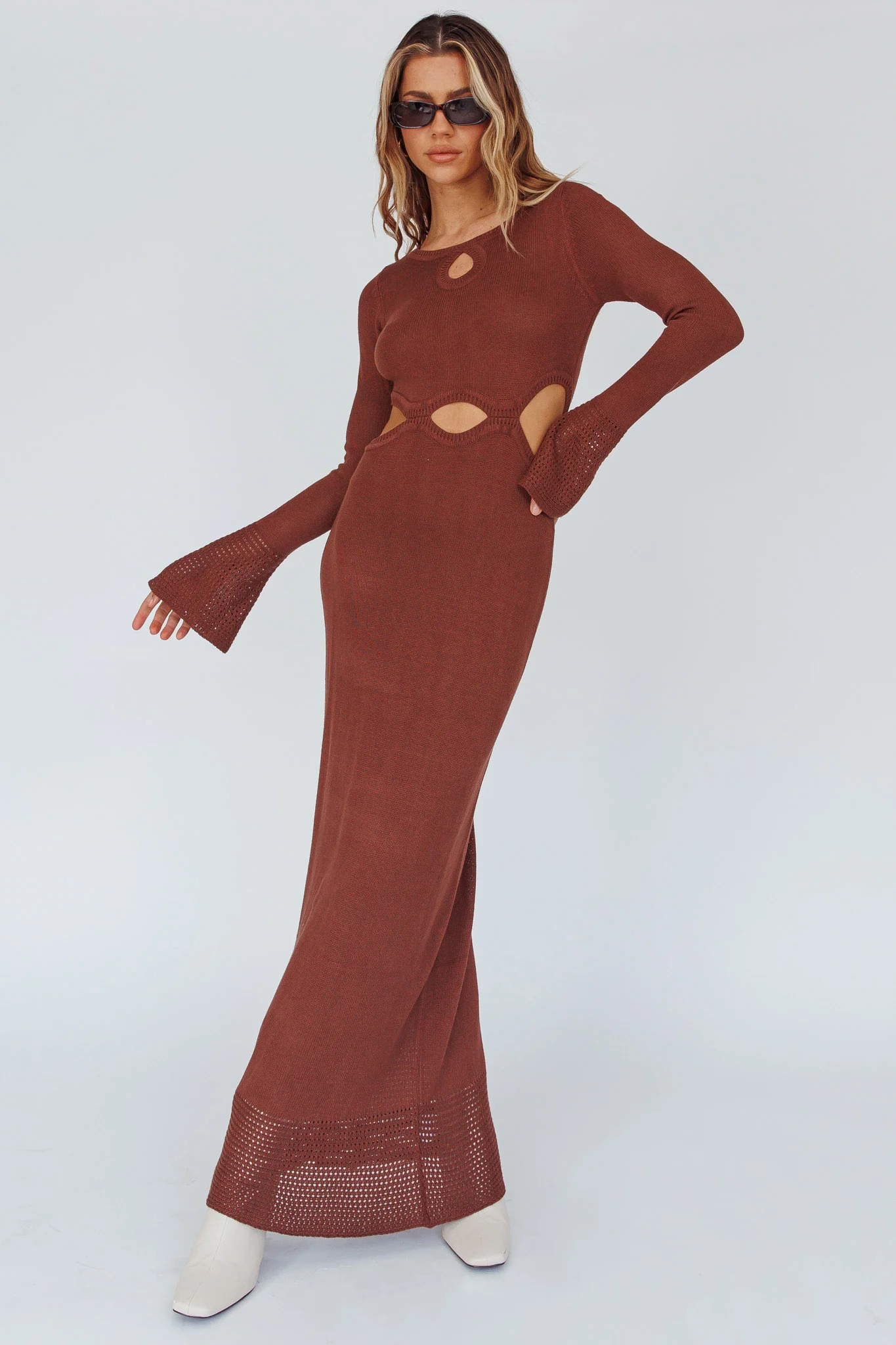 Long Sleeve Cut-Out Knit Maxi Dress Coffee - Sonourner