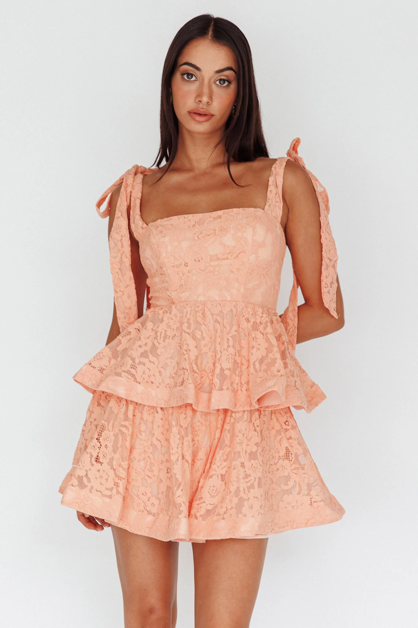 Neriah Tied Shoulder Tiered Lace Mini Dress Orange - Sonourner