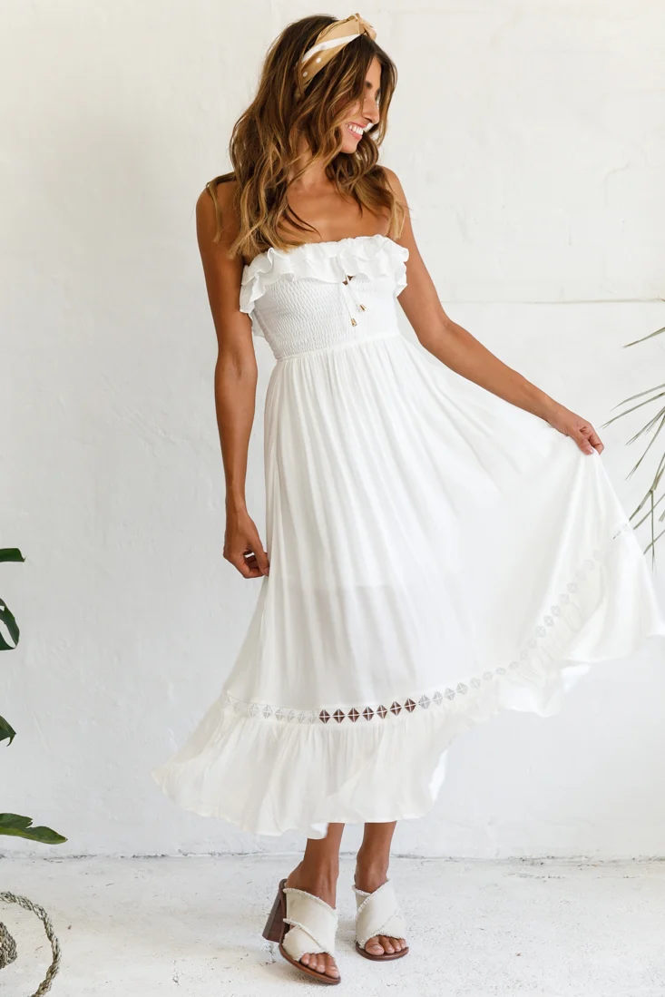 Daydream Shirred Bust Frill Trim Maxi Dress White - Sonourner