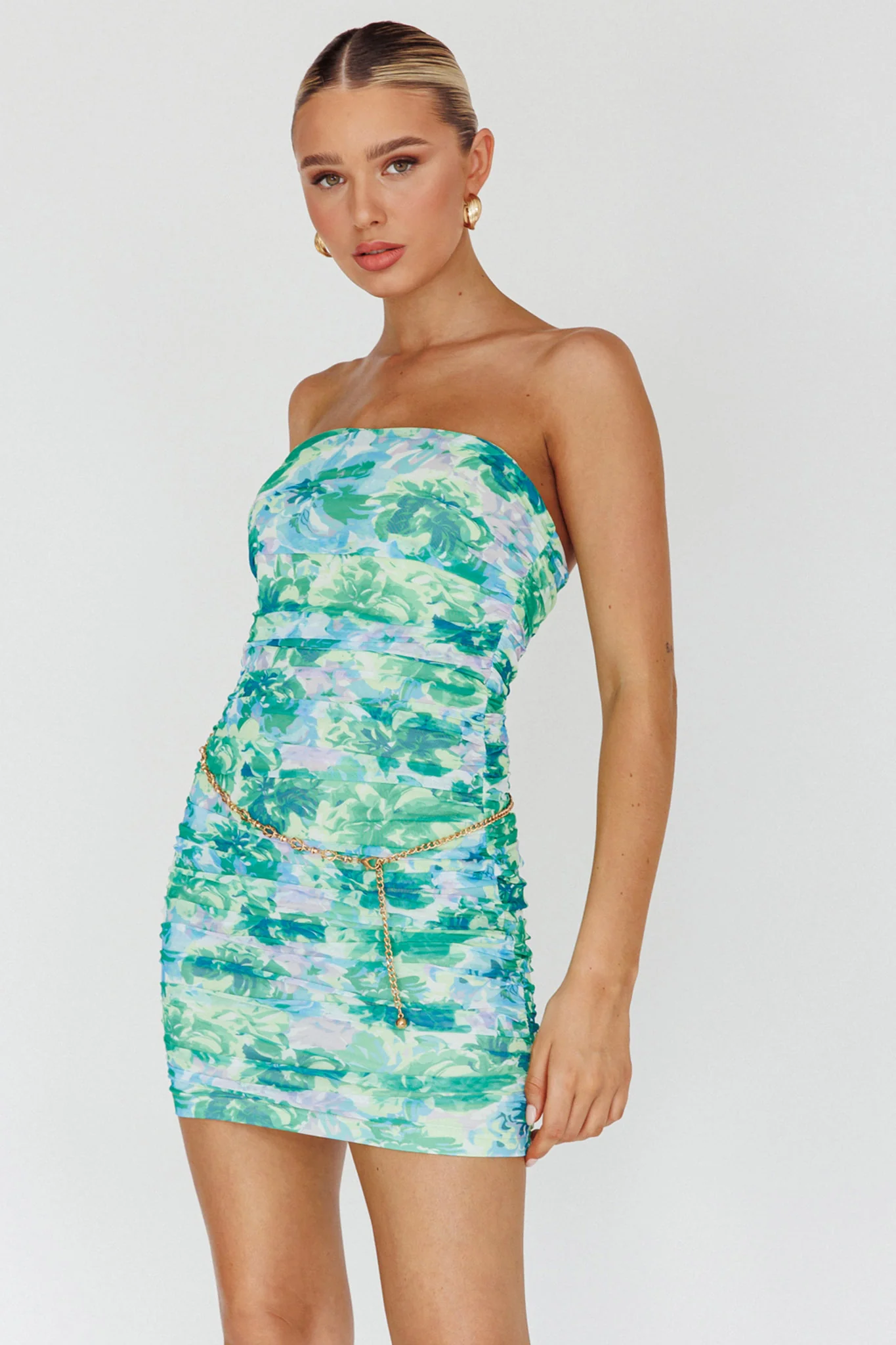 Logan Strapless Ruched Dress Floral Green - Sonourner