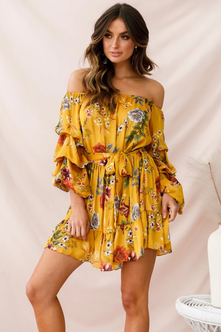 Frida Off-Shoulder Waist Tie Dress Yellow - Sonourner
