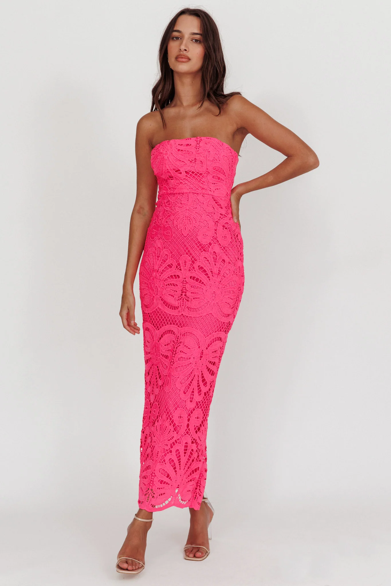 Bia Strapless Lace Embroidered Maxi Dress Hot Pink - Sonourner