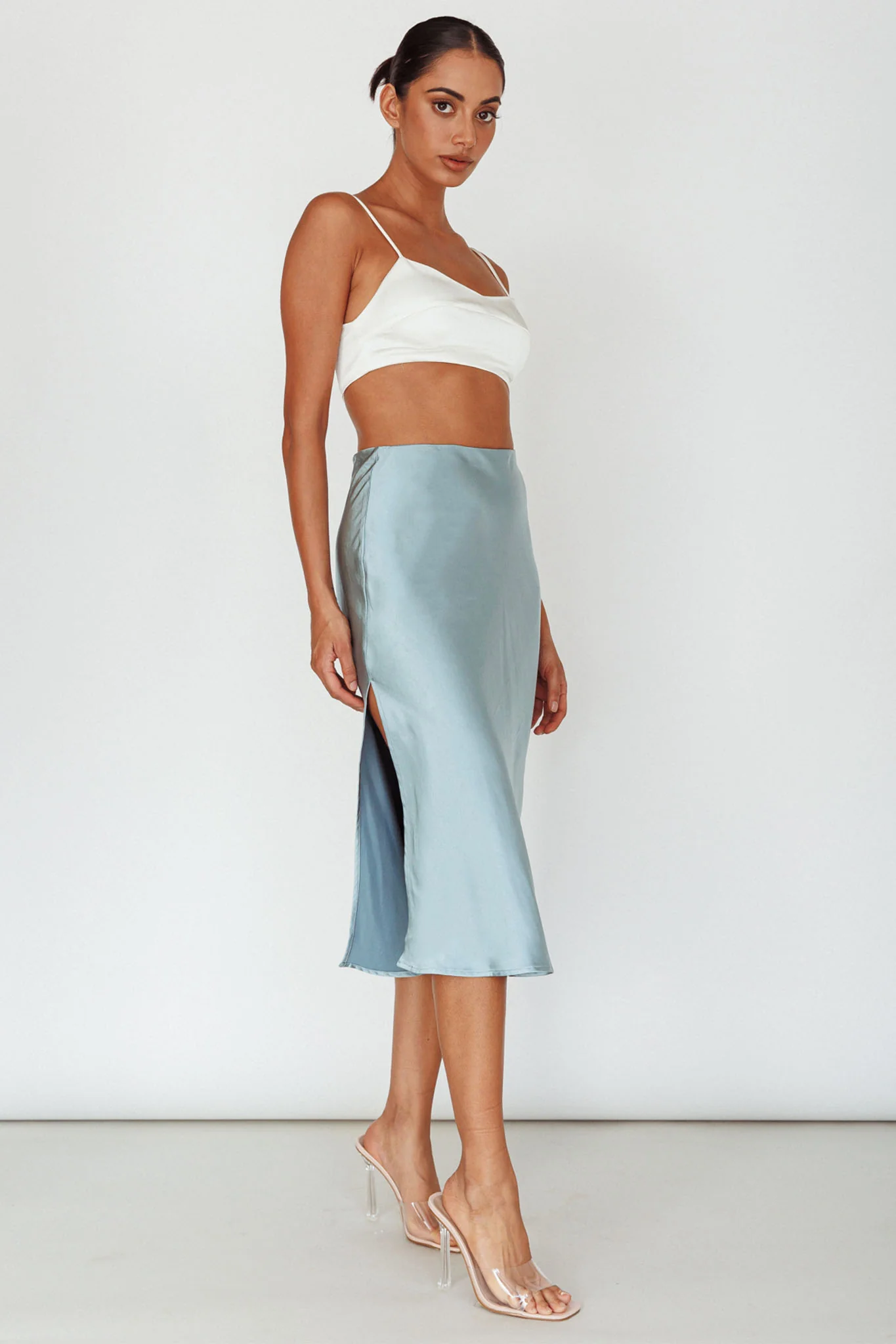 Daze Satin Midi Skirt Light Blue - Sonourner