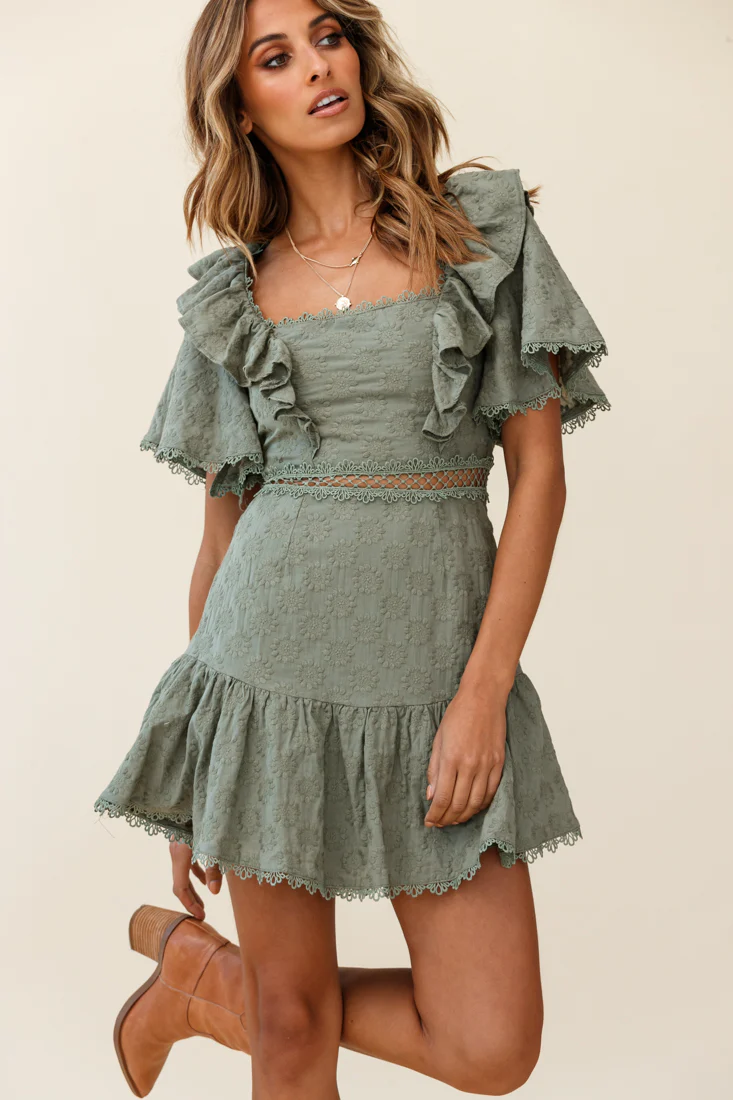 How Romantic Flounce Sleeve Lace-Up Back Dress Floral Embossed Olive - Sonourner