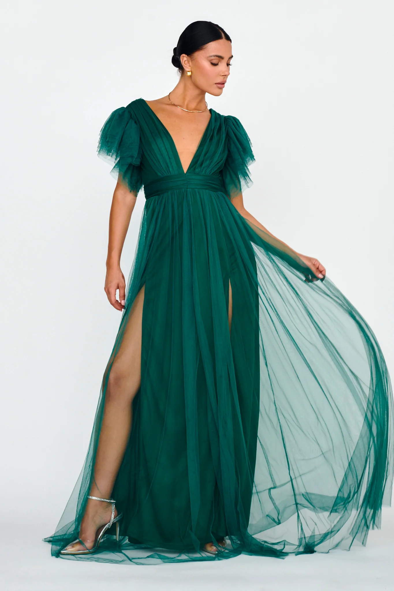 Heaven's Love Deep V-Neck Tulle Maxi Dress Hunter Green - Sonourner