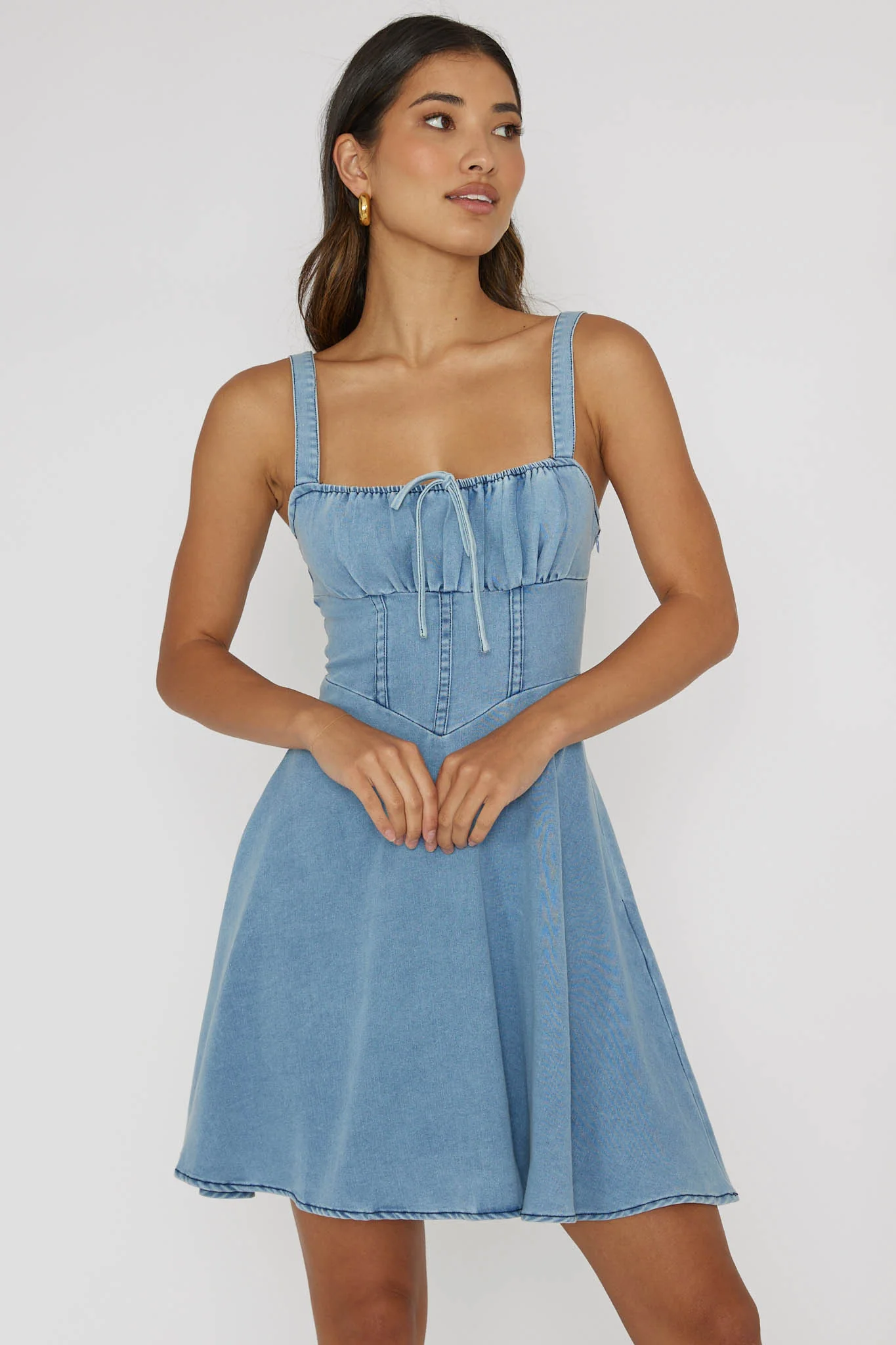 Sweet Pea Tied Bust Mini Dress Denim Blue - Sonourner