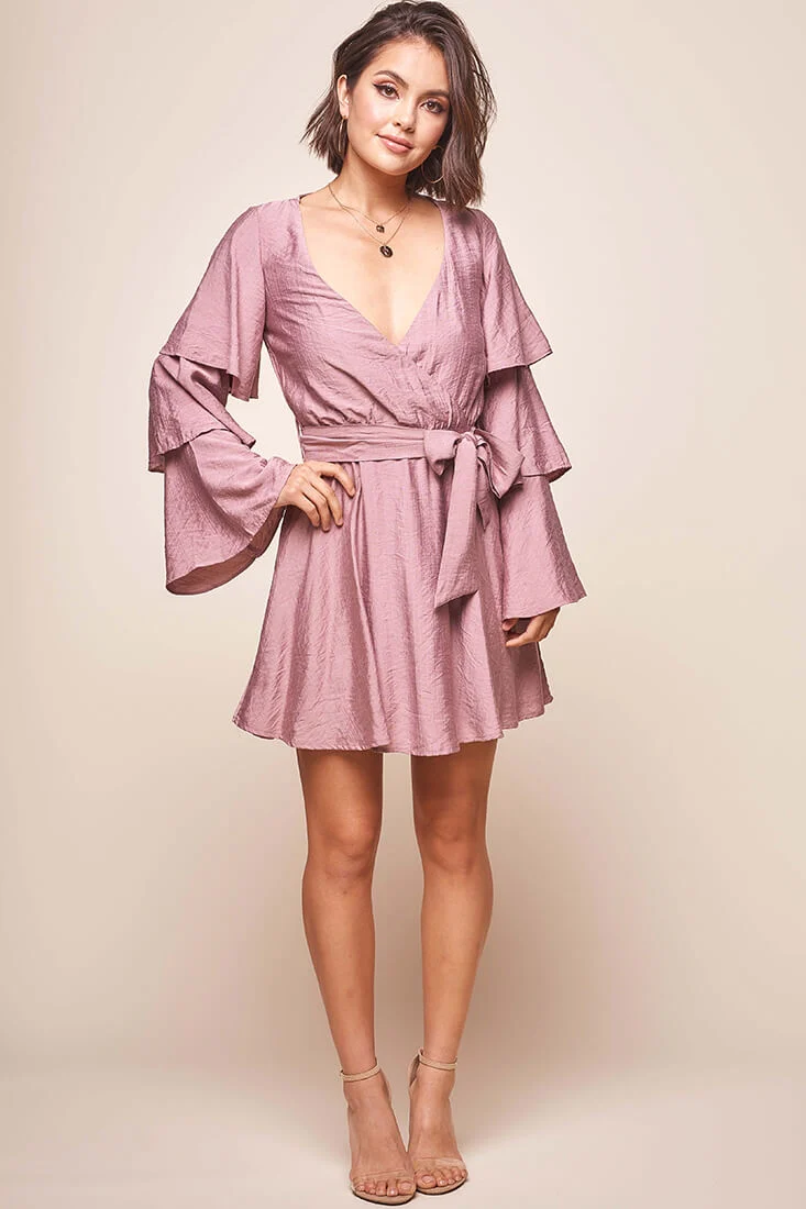 Bellini Tiered Ruffle Sleeve Dress Mauve - Sonourner