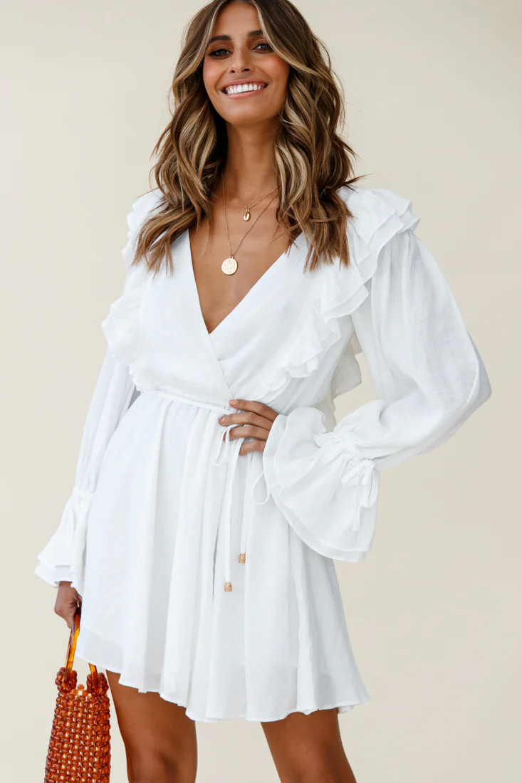 Adina Fluted Long Sleeve Frill Detail Dress White - Sonourner