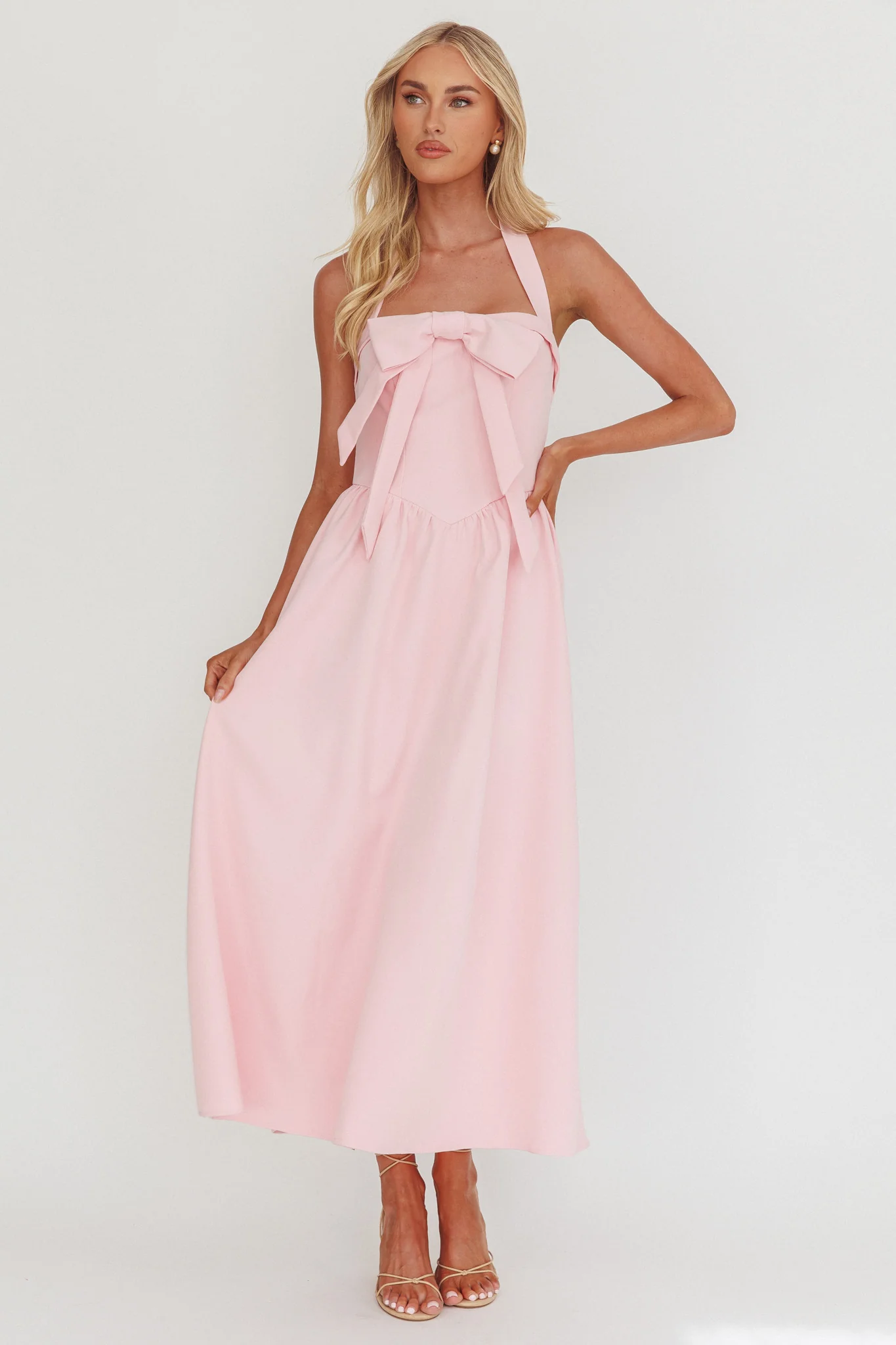 Ariarna Bow Halter Maxi Dress Pink Sorbet - Sonourner