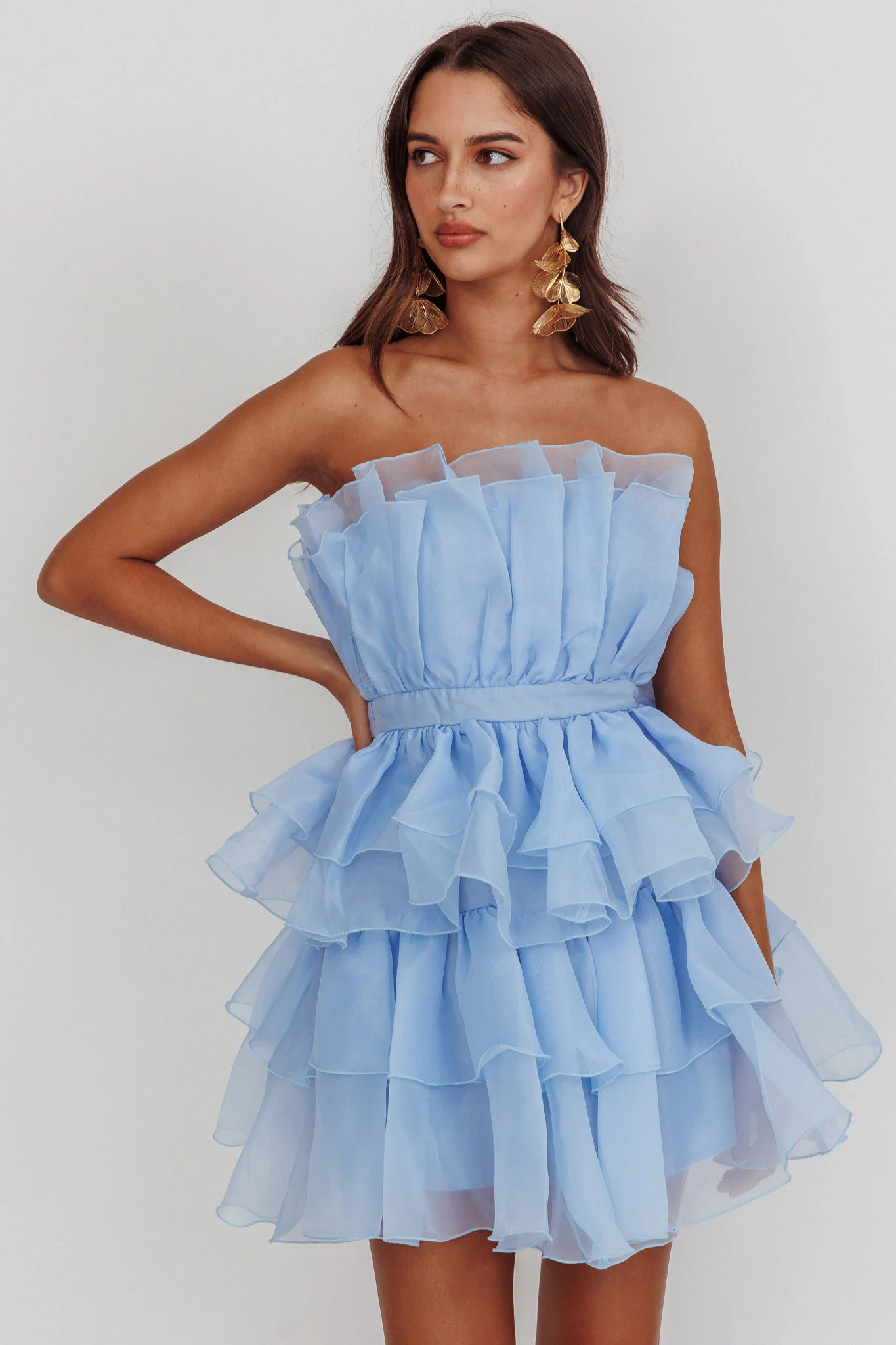Bon Bon Tiered Chiffon Mini Dress Baby Blue - Sonourner