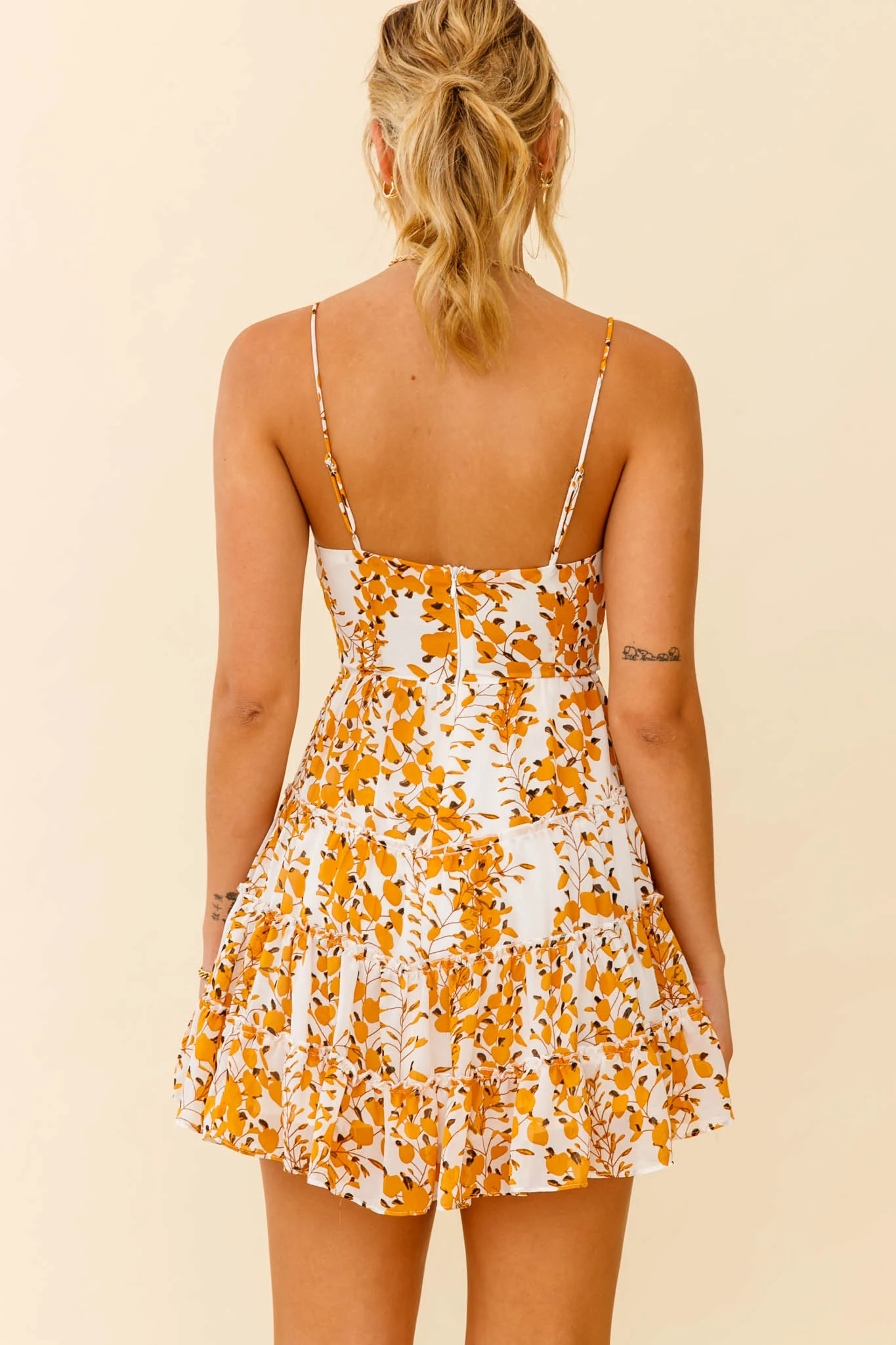 Jocelyn Cami Strap Waist Tie Ruffle Dress Floral Print Yellow - Sonourner