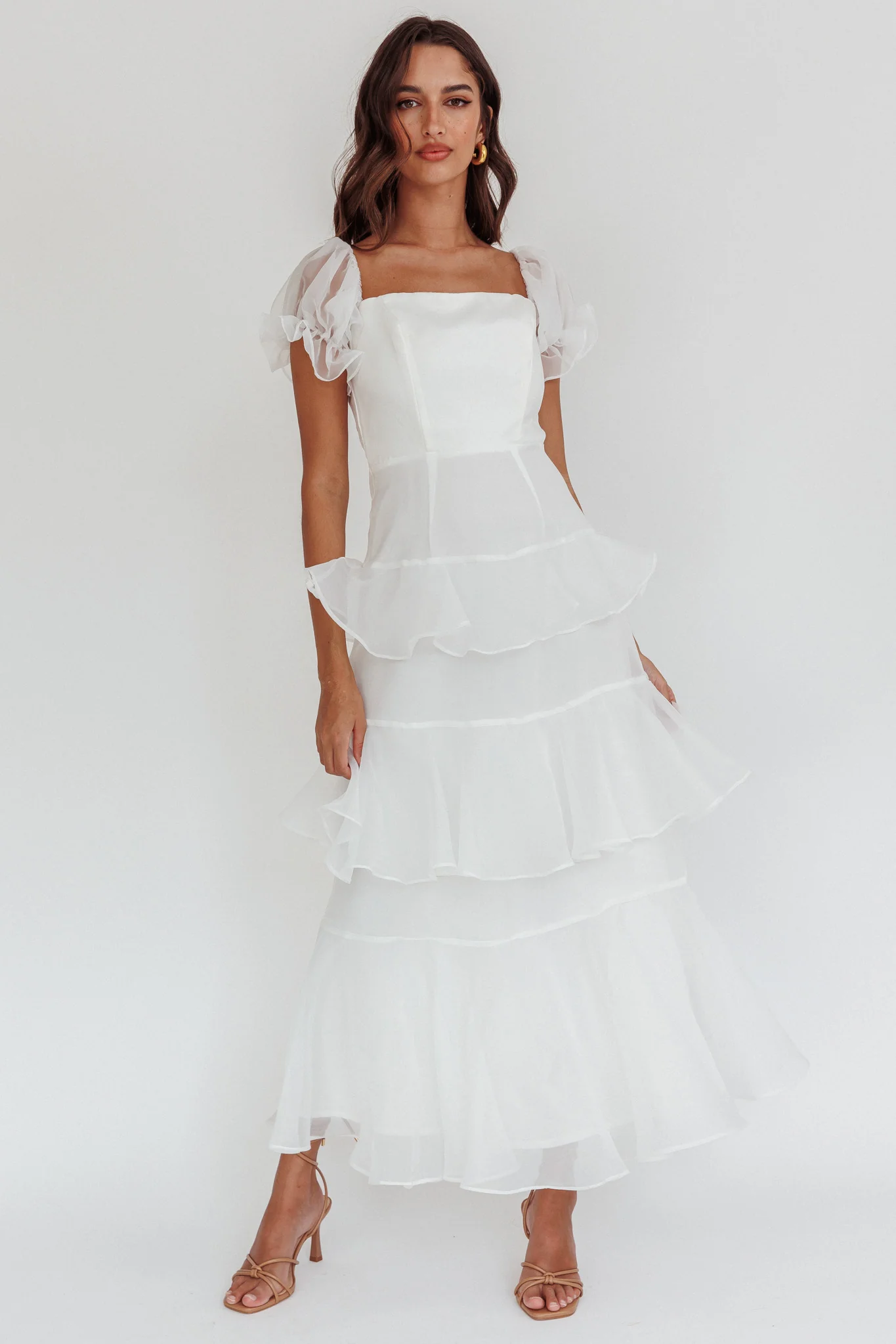 Delwynn Puff Sleeve Layered Midi Dress White - Sonourner