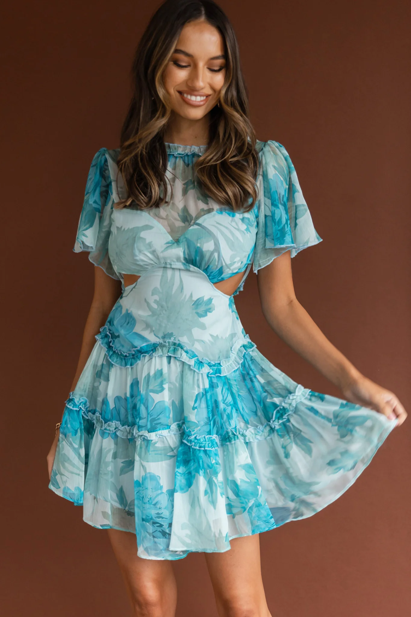 Tres Chic Flutter Sleeve Cut-Out Dress Botanical Blue - Sonourner