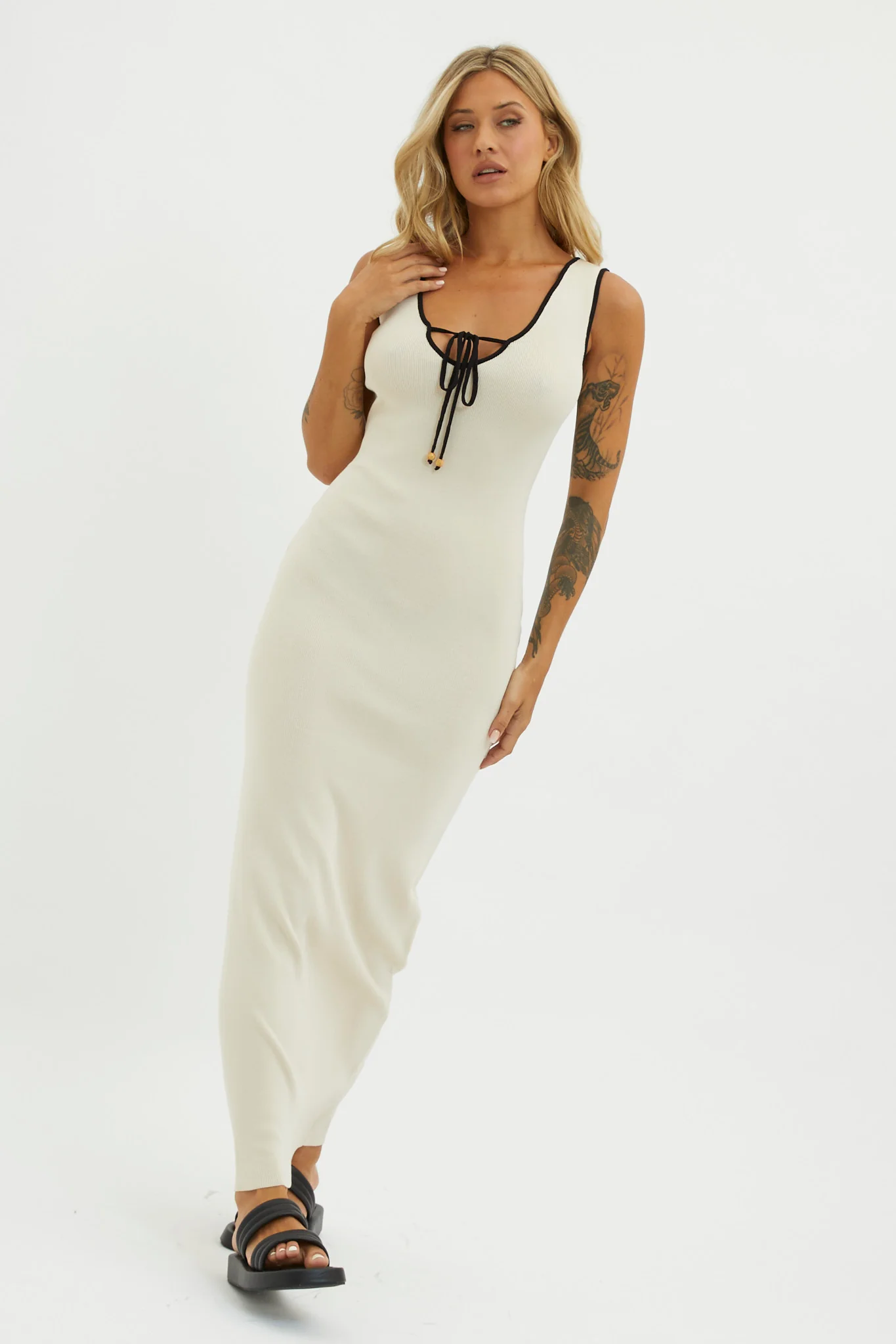 Karyssa Tied Bust Knit Maxi Dress Sand - Sonourner