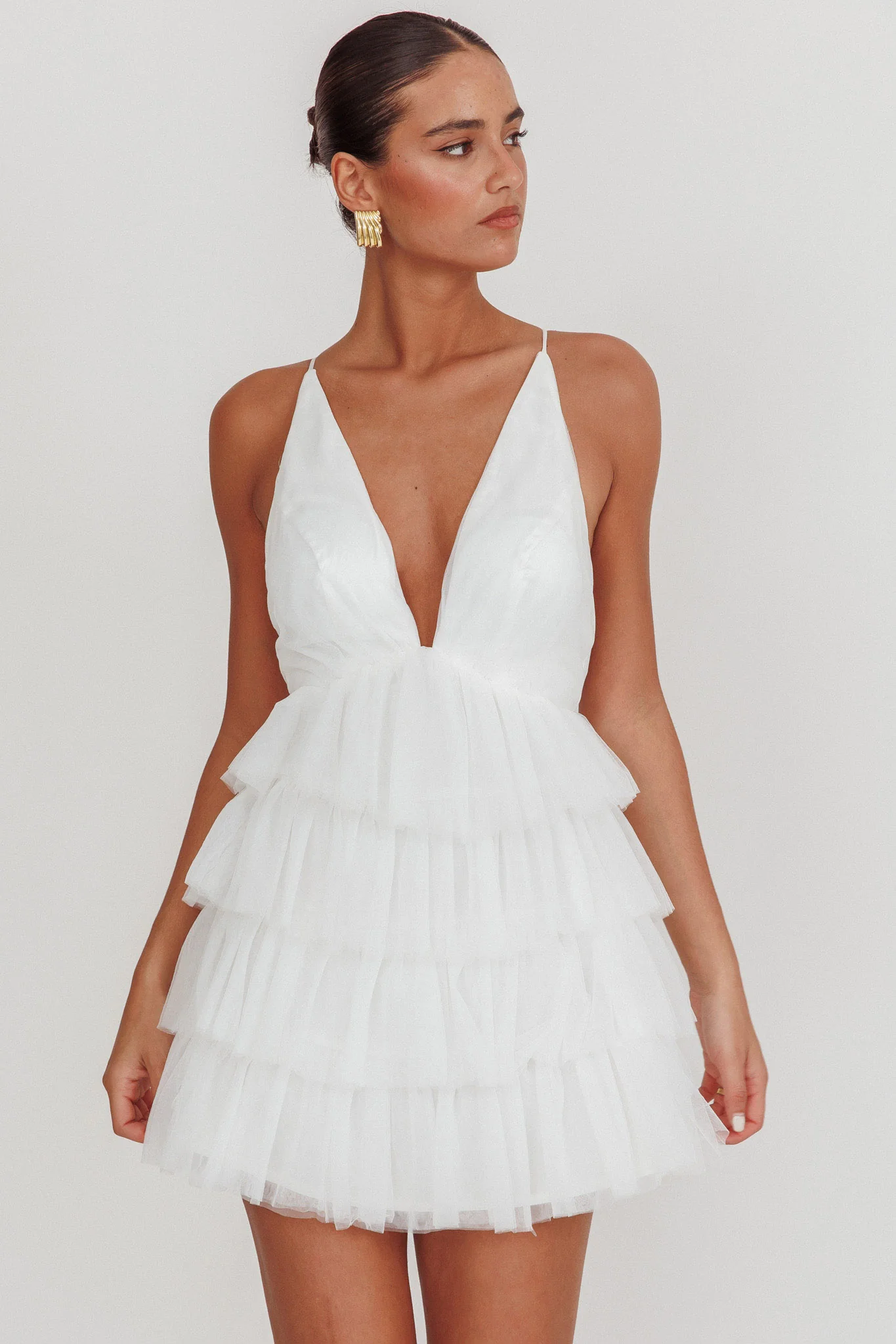 Auguste Tiered Ruffle Tulle Mini Dress White - Sonourner