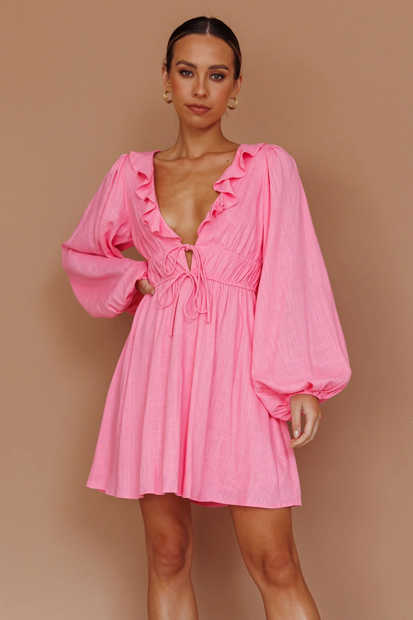 Carnivale Balloon Sleeve Ruffle Mini Dress Pink - Sonourner