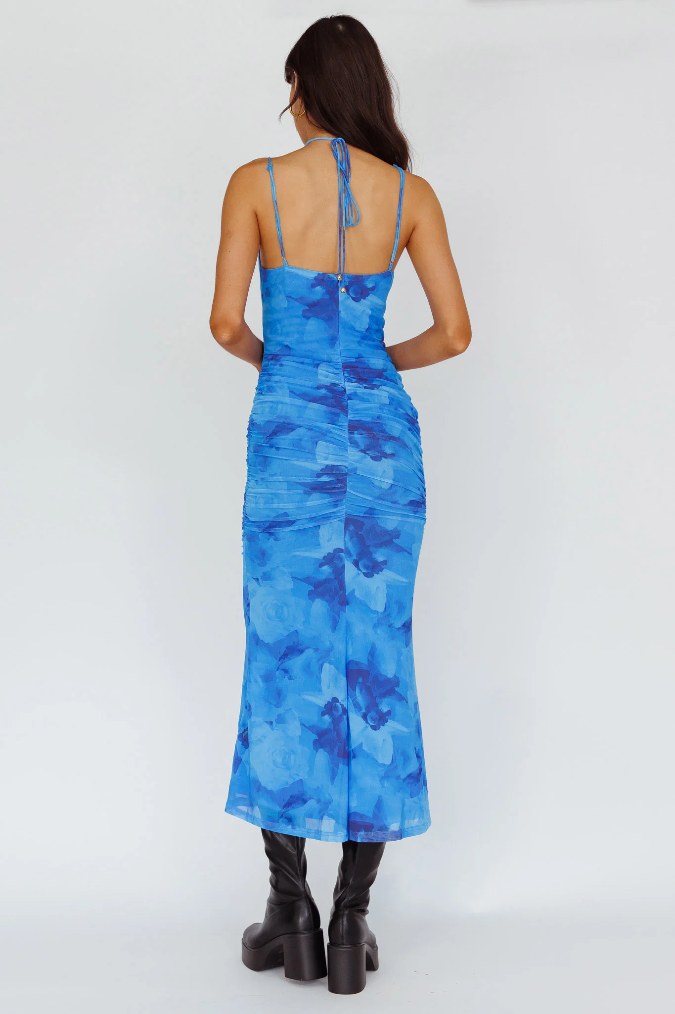 Gypsy Garden Laced Bodice Ruched Midi Dress Blue - Sonourner