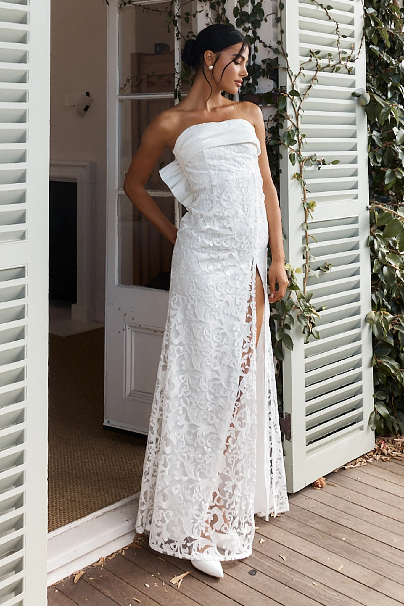 Delphina Strapless Bow Back Lace Dress Ivory - Sonourner