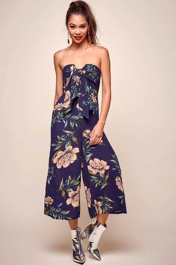 Khloe Floral Bow Tie Jumpsuit Navy - Sonourner