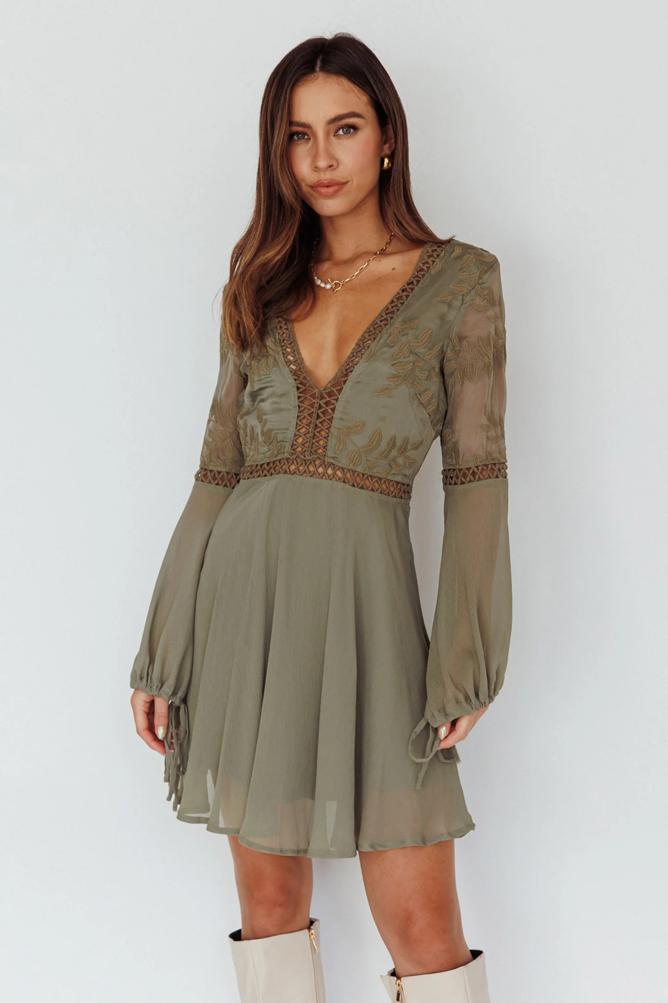Carson Crochet Details Dress Olive - Sonourner
