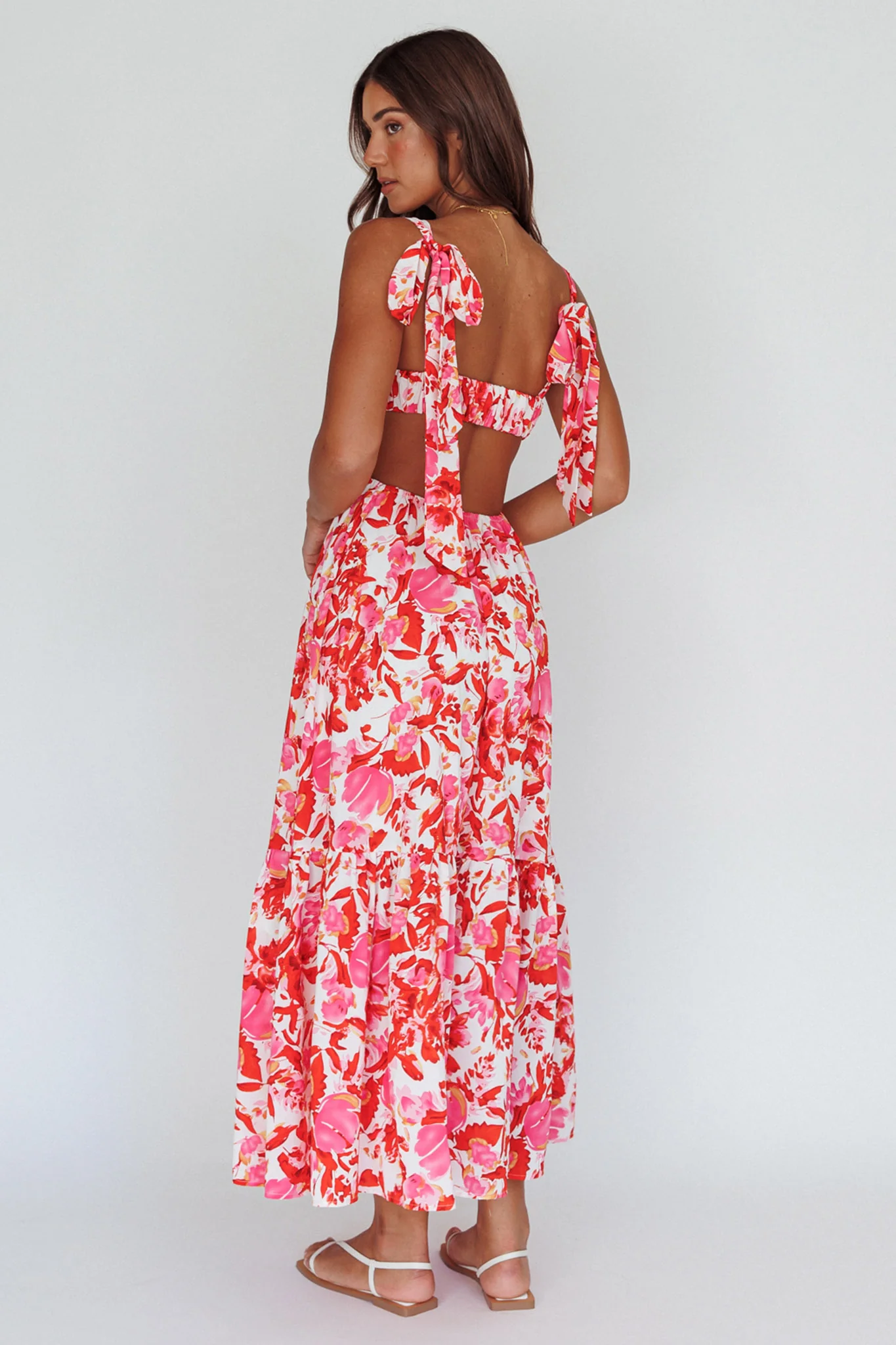 Sun Seeker Tied Shoulder Cut-Out Maxi Dress Floral Red - Sonourner