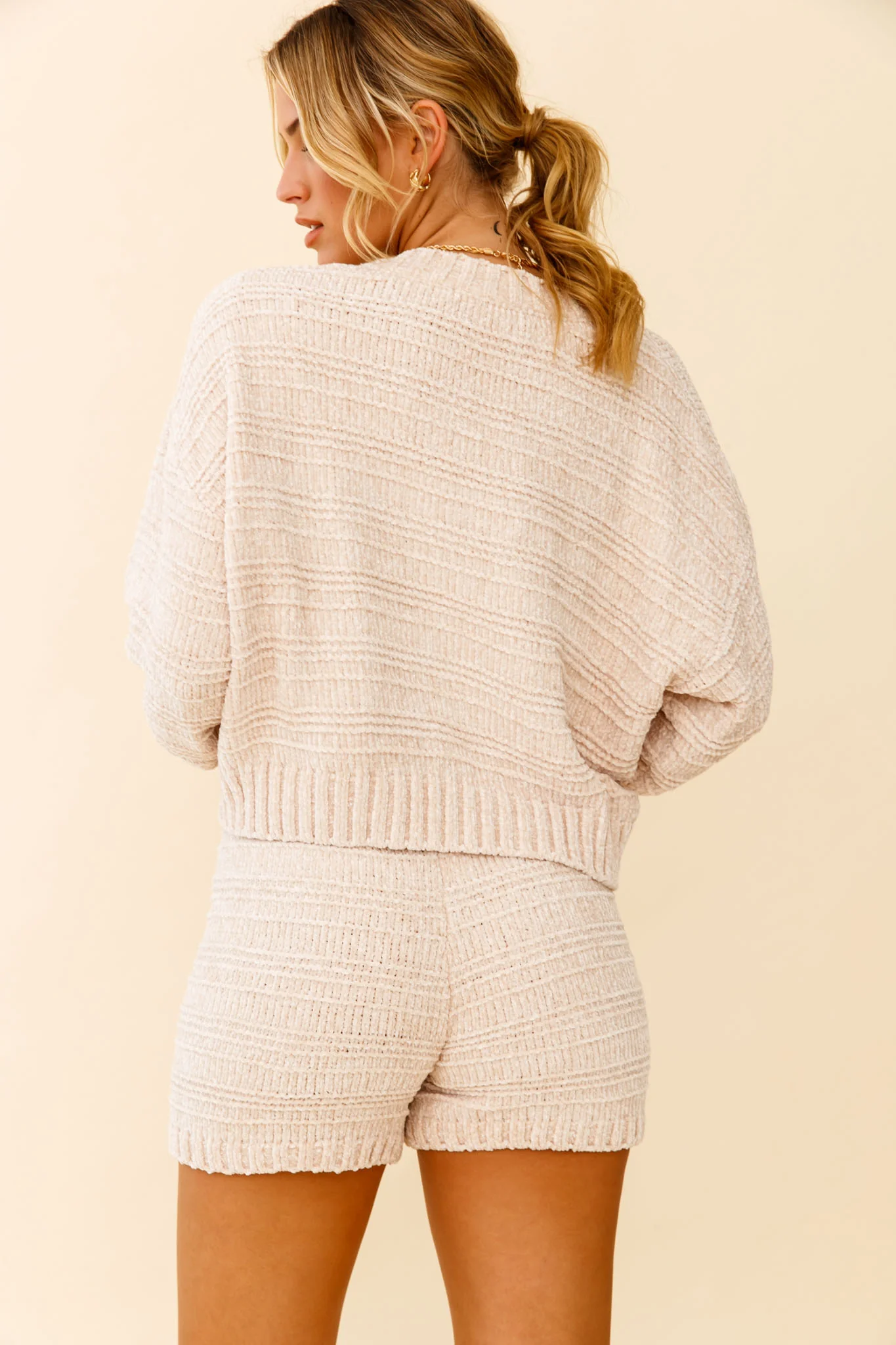 May Flowers Elasticated Chunky Knit Shorts Beige - Sonourner