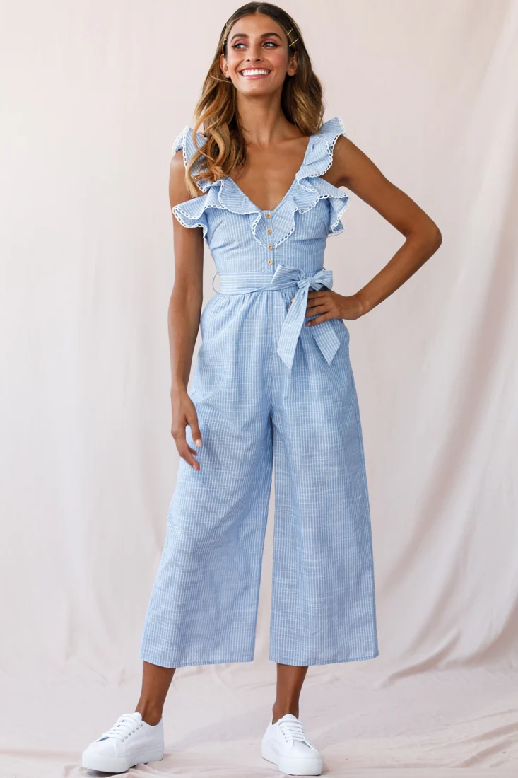 Danube Belted Waist Pinstripe Jumpsuit Blue - Sonourner