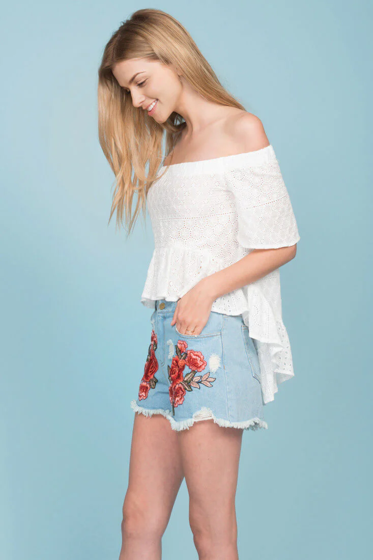 Brenna Fringe Floral Jean Shorts Blue Denim - Sonourner
