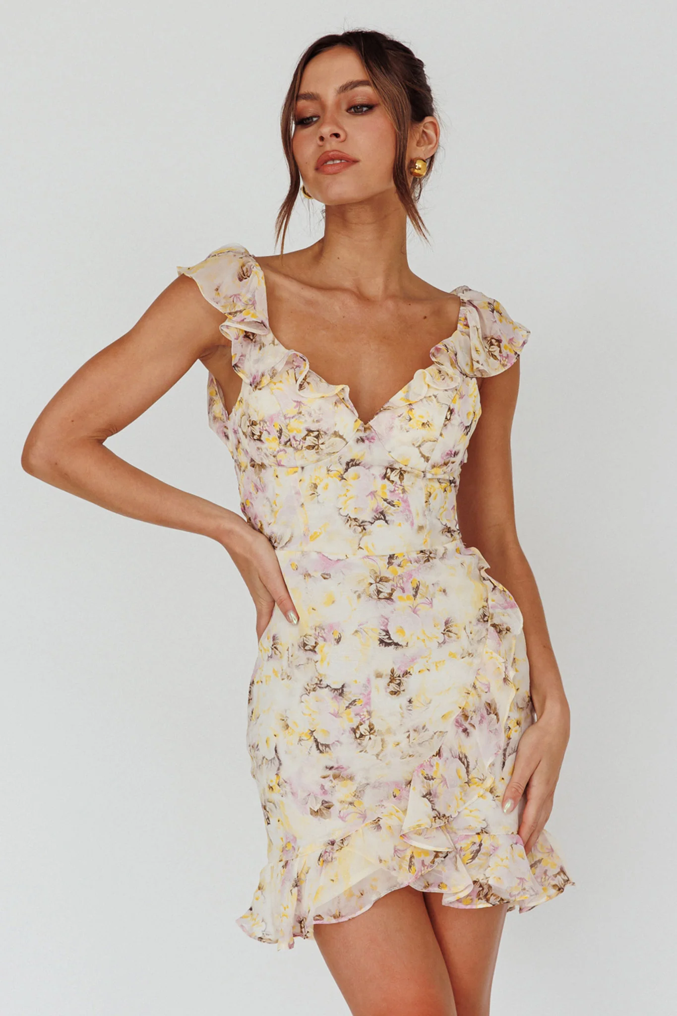 Make Memories Frill Strap Mini Dress Floral Yellow - Sonourner