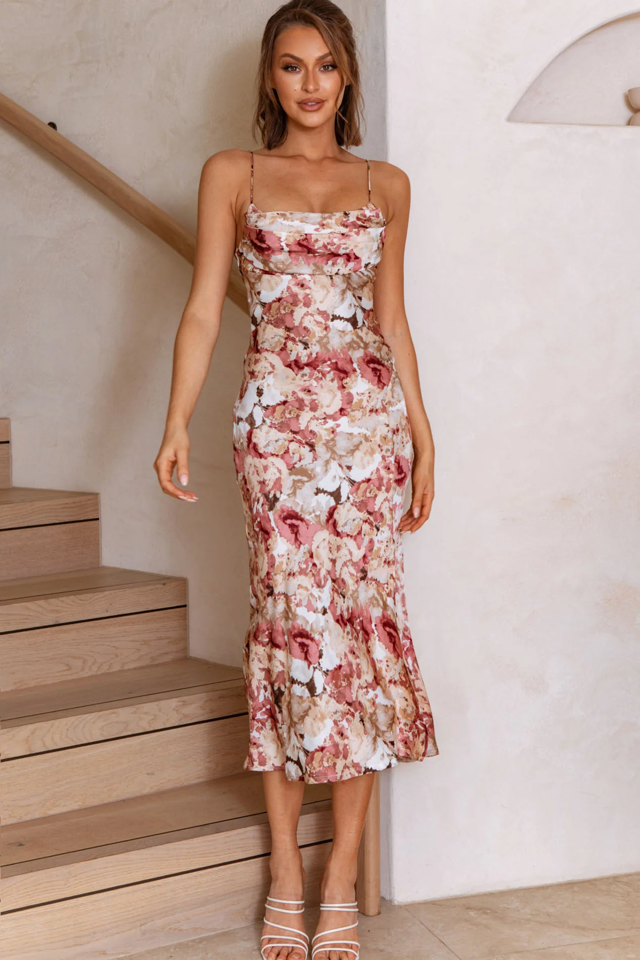Well Versed Pleated Bust Front Split Dress Floral Abstract Print Rose - Sonourner