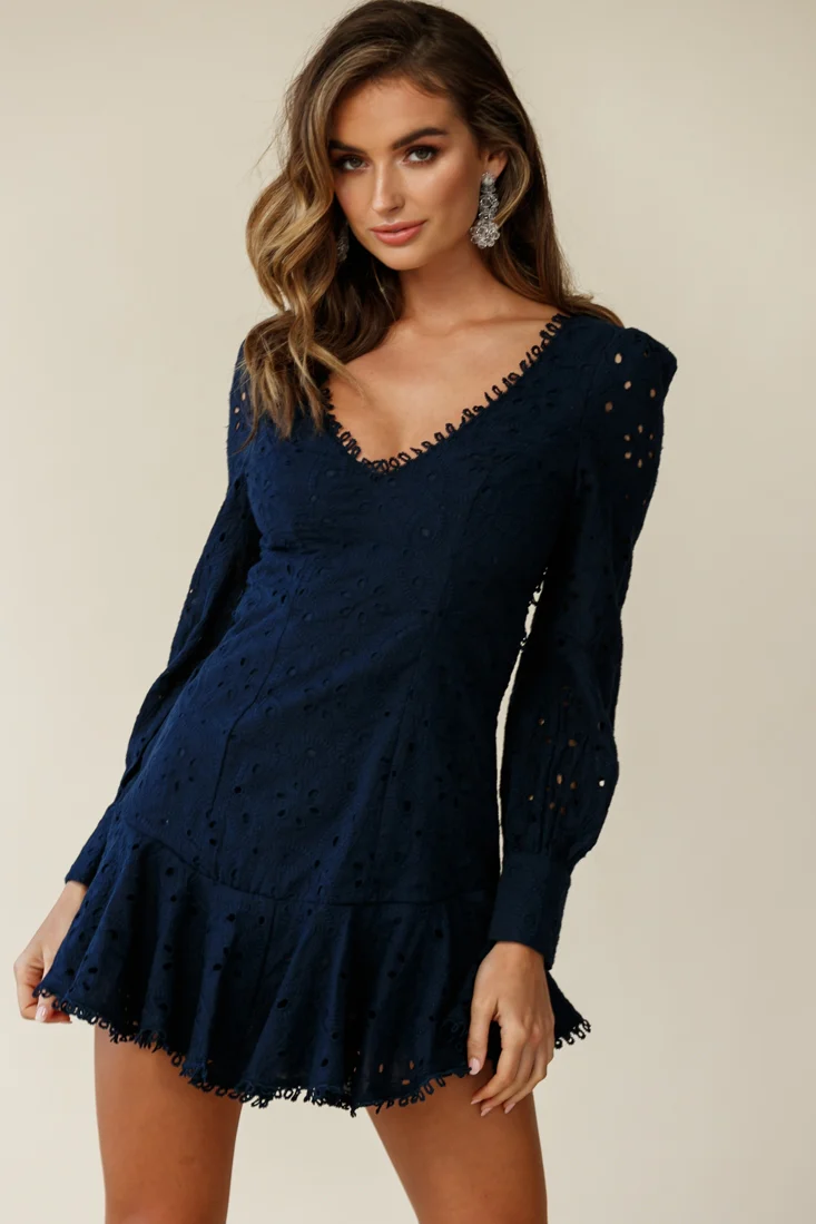 Camellia Open Back Cuff Sleeve Dress Anglaise Navy - Sonourner