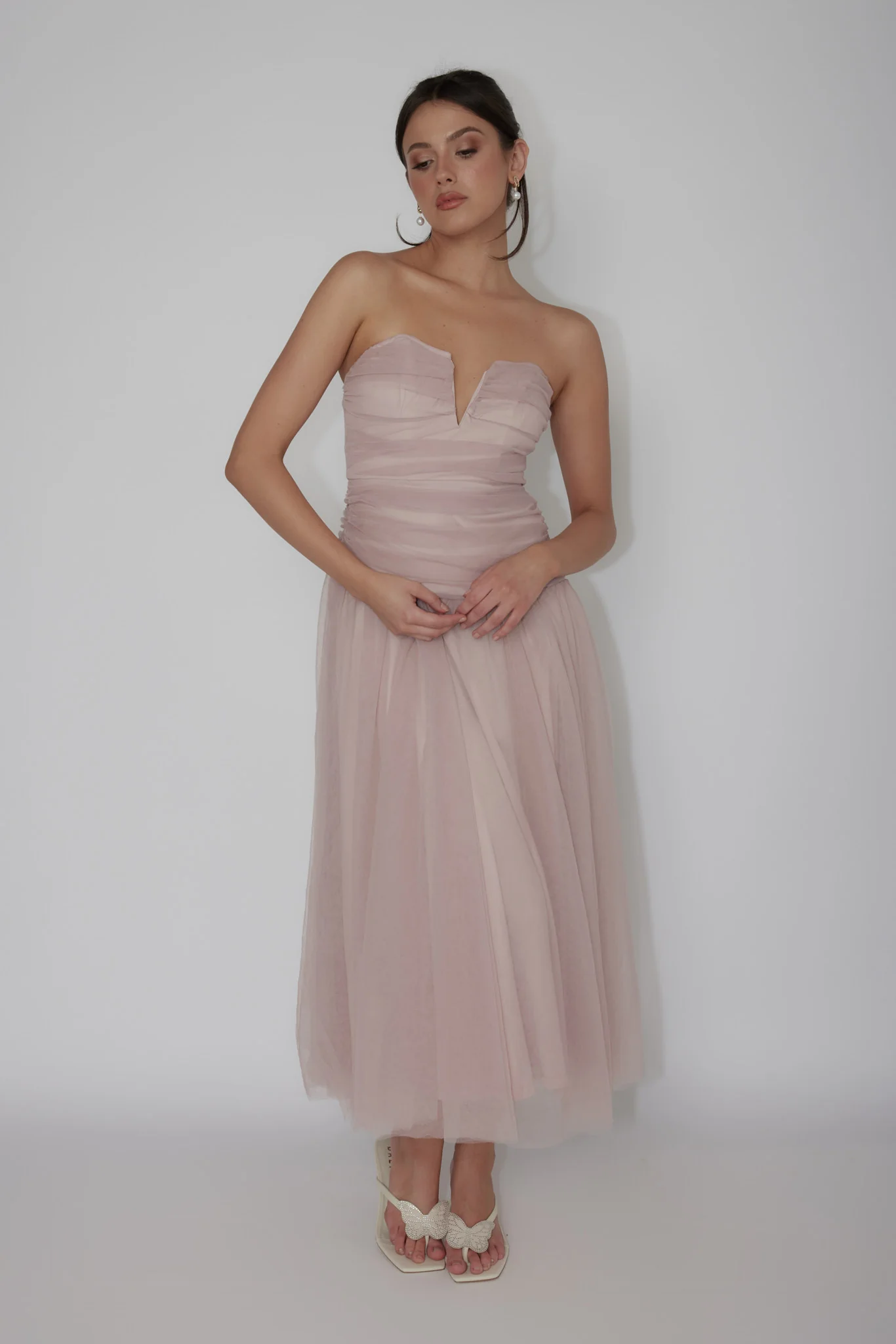 Daphnie Drop Waist Tulle Midi Dress Blush - Sonourner