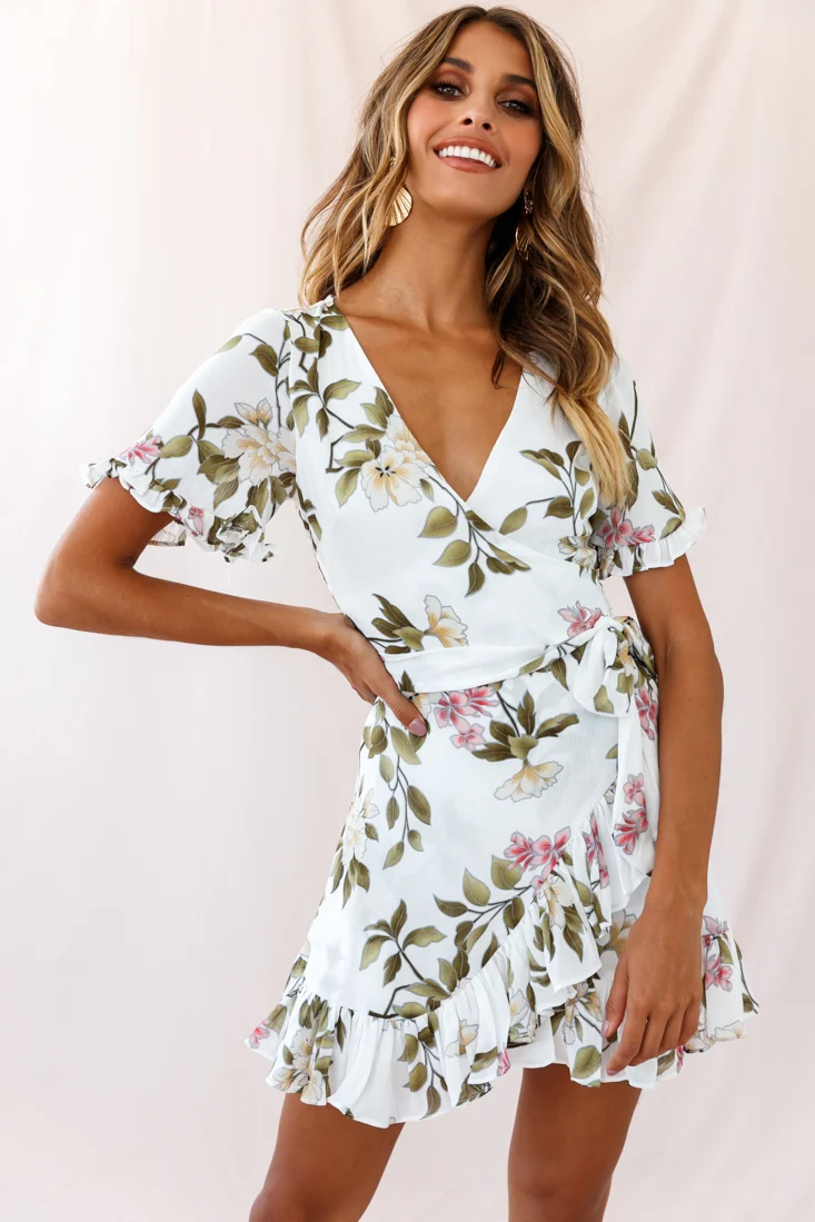 Omara Floral Wrap Ruffle Trim Dress White - Sonourner