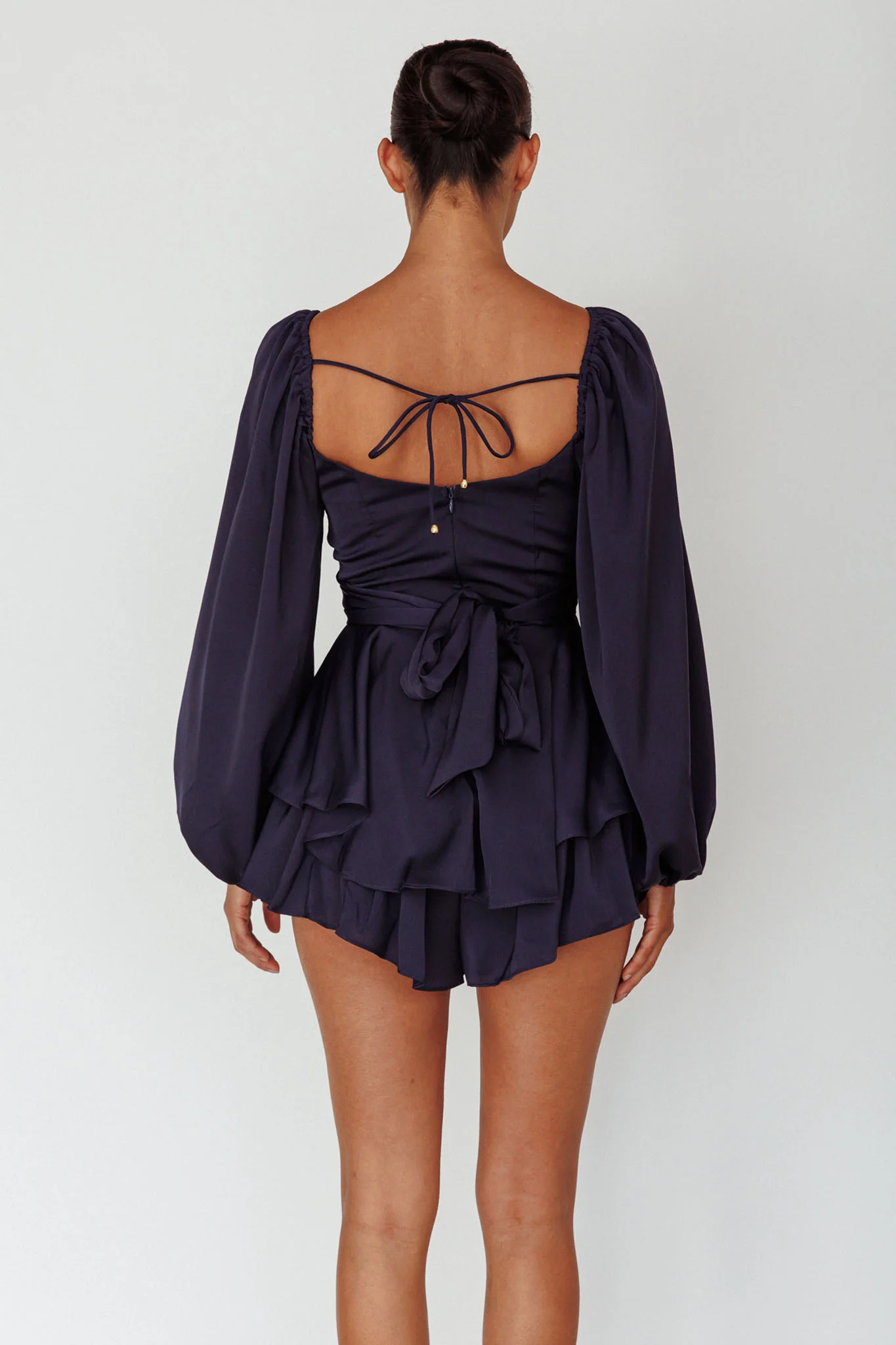 It's Complicated Long Sleeve Flounce Romper Navy - Sonourner