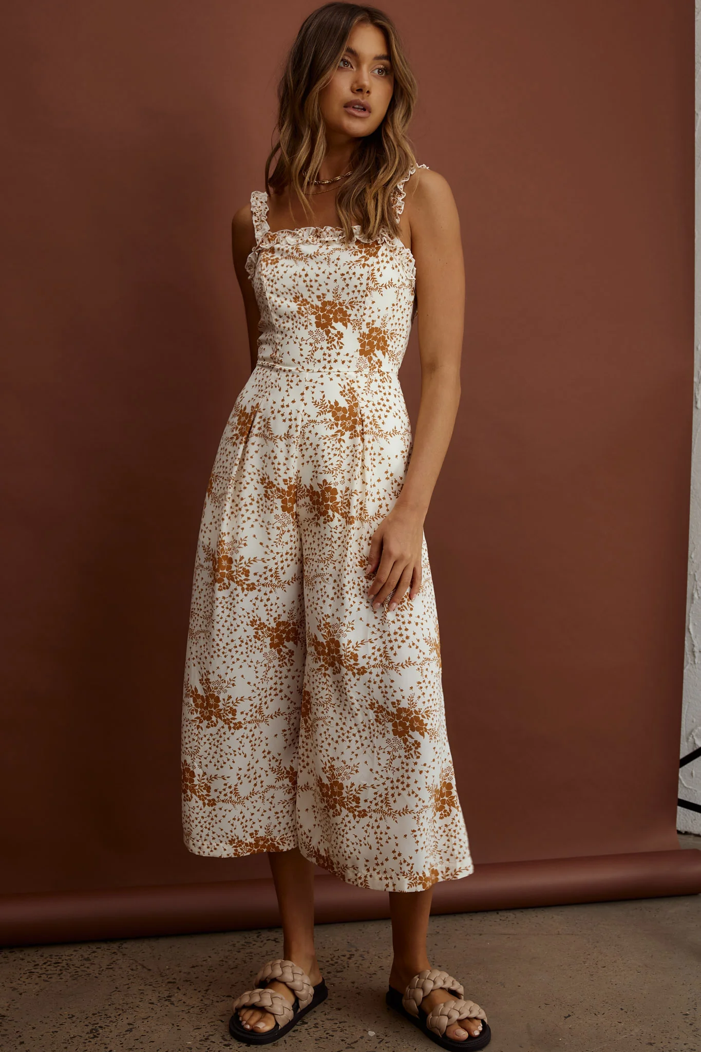Magdalene Frill Strap Midi Jumpsuit Vintage Floral Tan - Sonourner