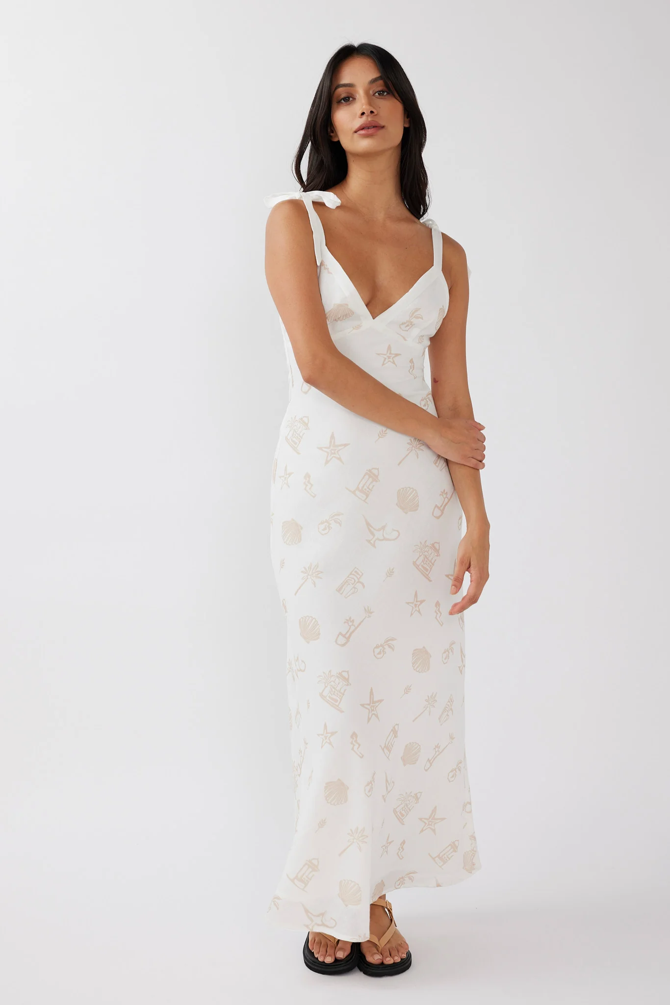 Jaya Tied Shoulder Maxi Dress Print Beige - Sonourner