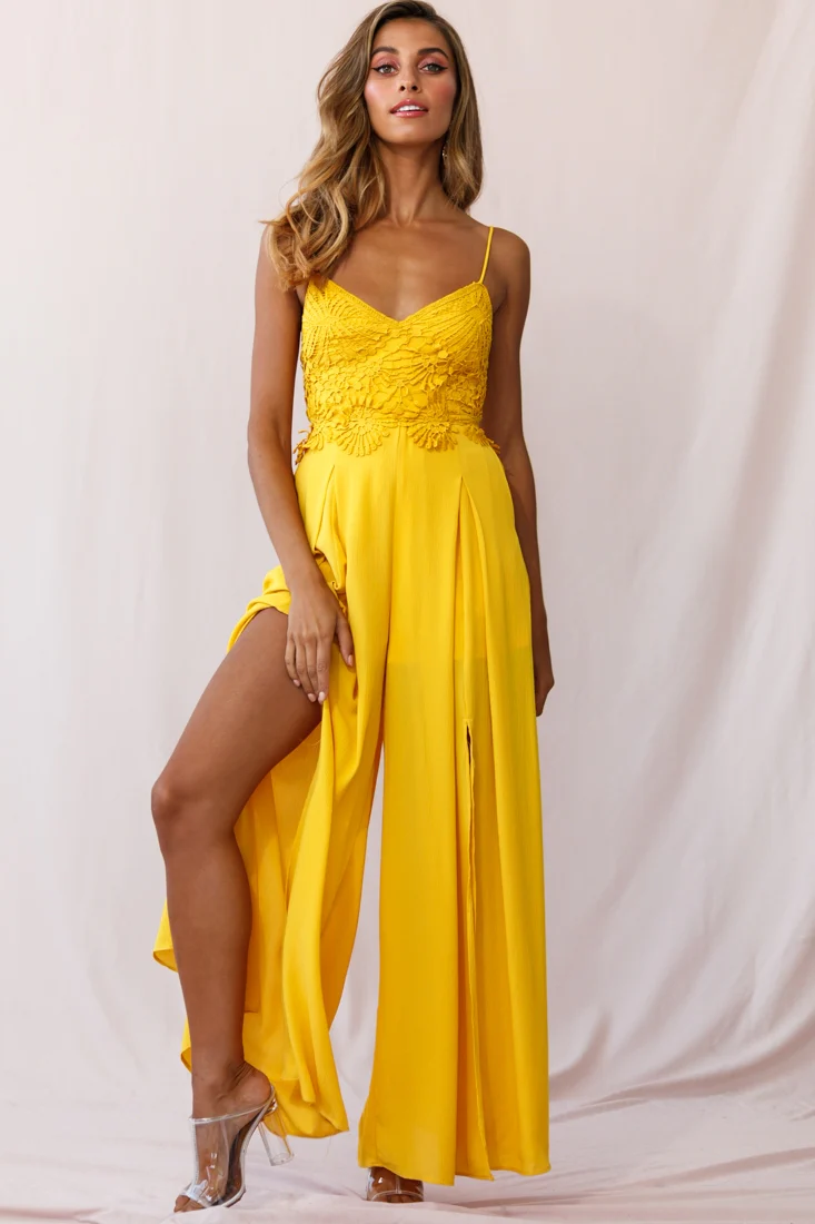 Ada Applique Embroidery Bust Wide Leg Jumpsuit Mustard - Sonourner