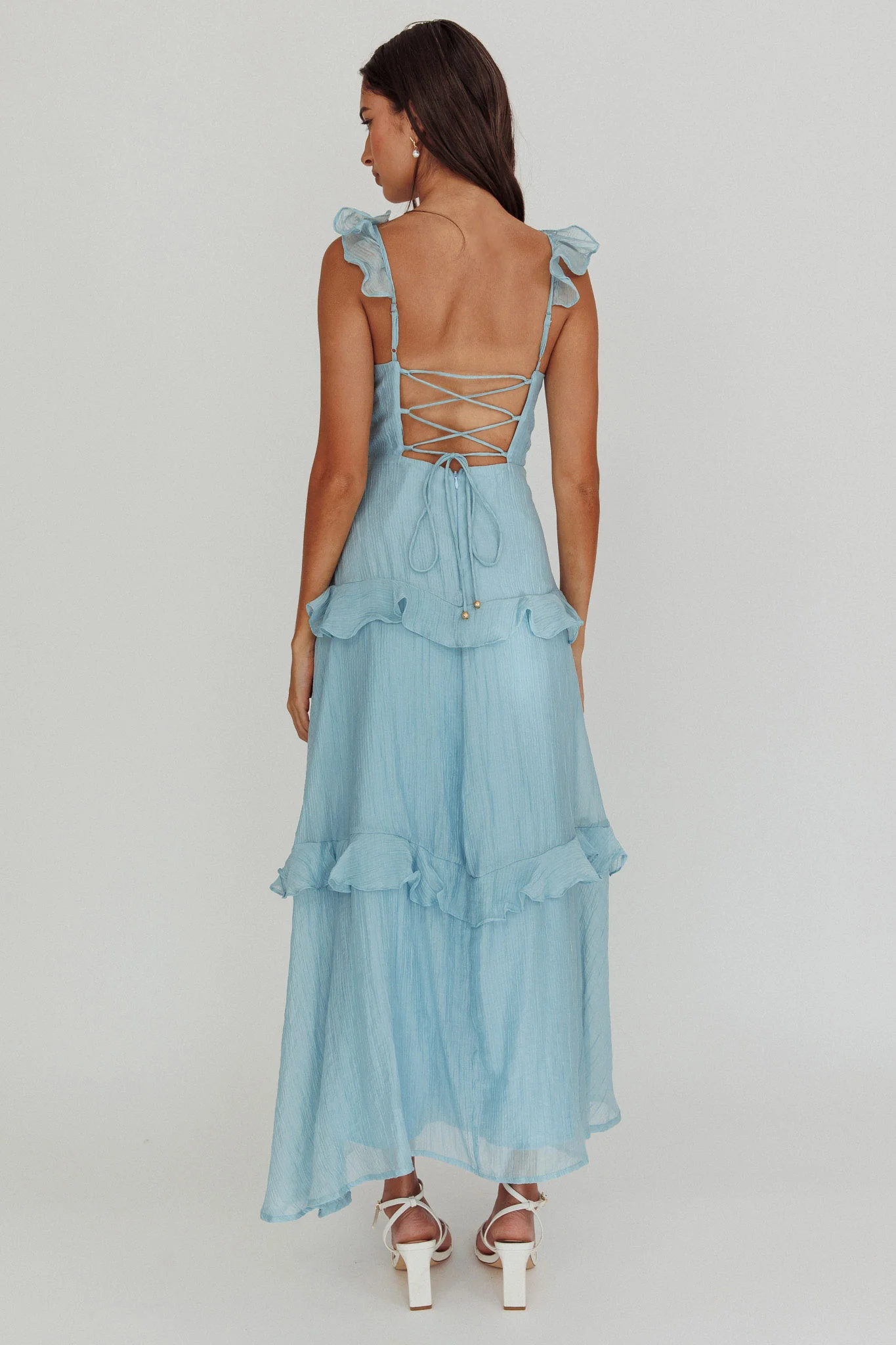 Moonlit Moment Ruffle Trim Lace-Up Back Maxi Dress Blue - Sonourner