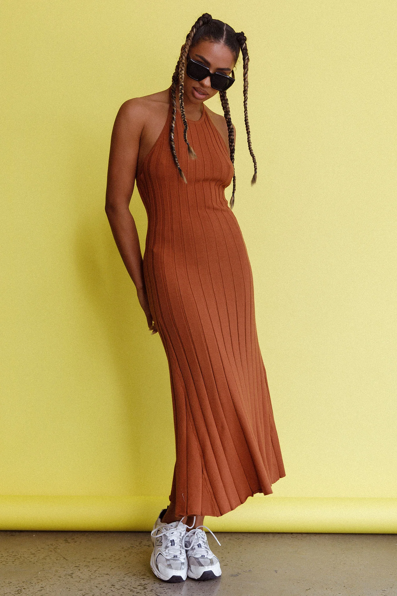 Mikah Knit Halterneck Midi Dress Mocha - Sonourner