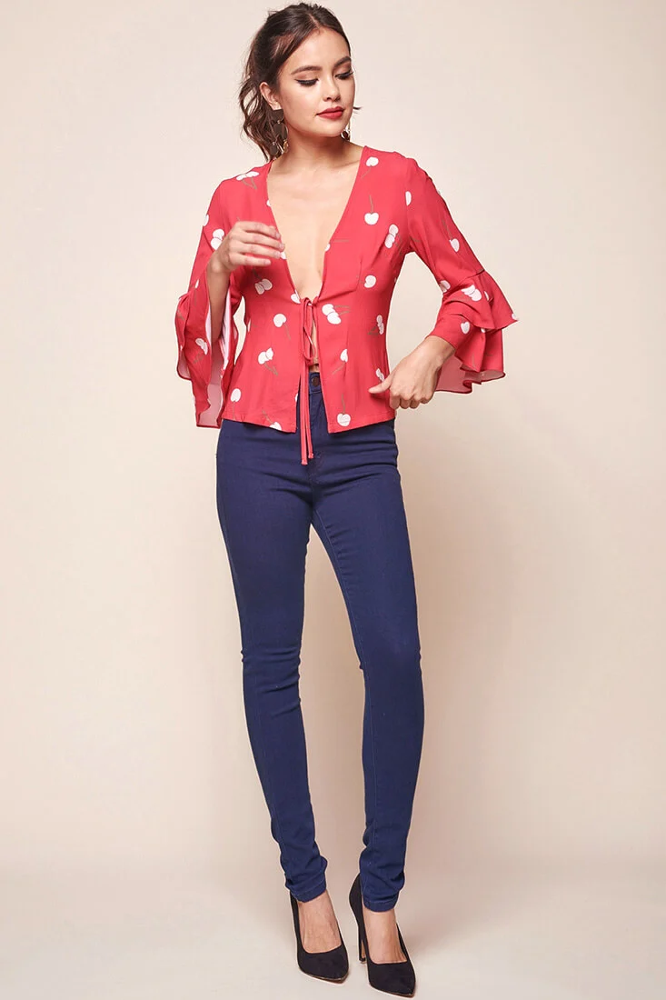 Robbi Cherry on Top Deep V Bell Sleeved Top Red - Sonourner