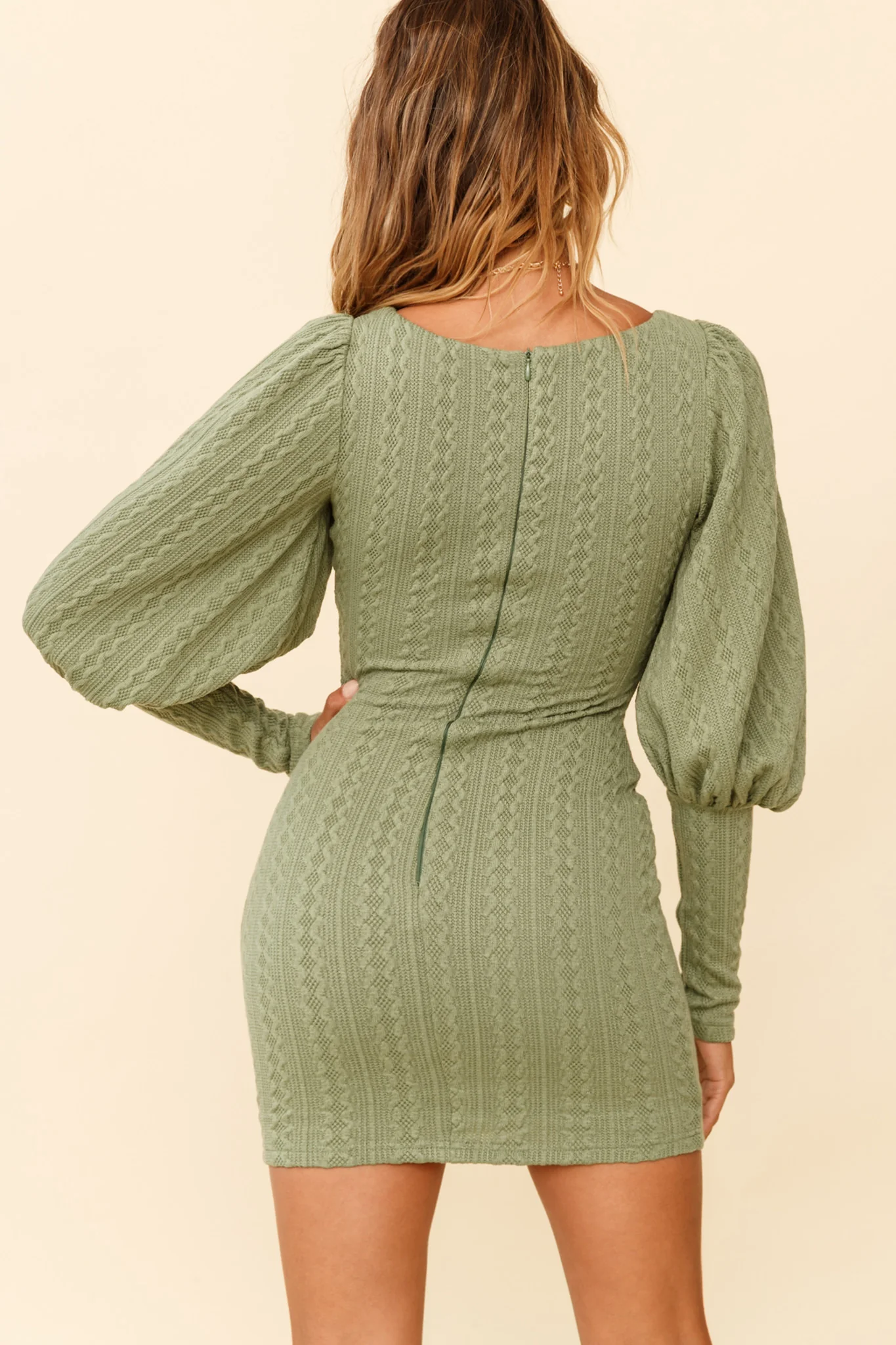 Moneymaker Lantern Sleeve Mini Dress Sage - Sonourner