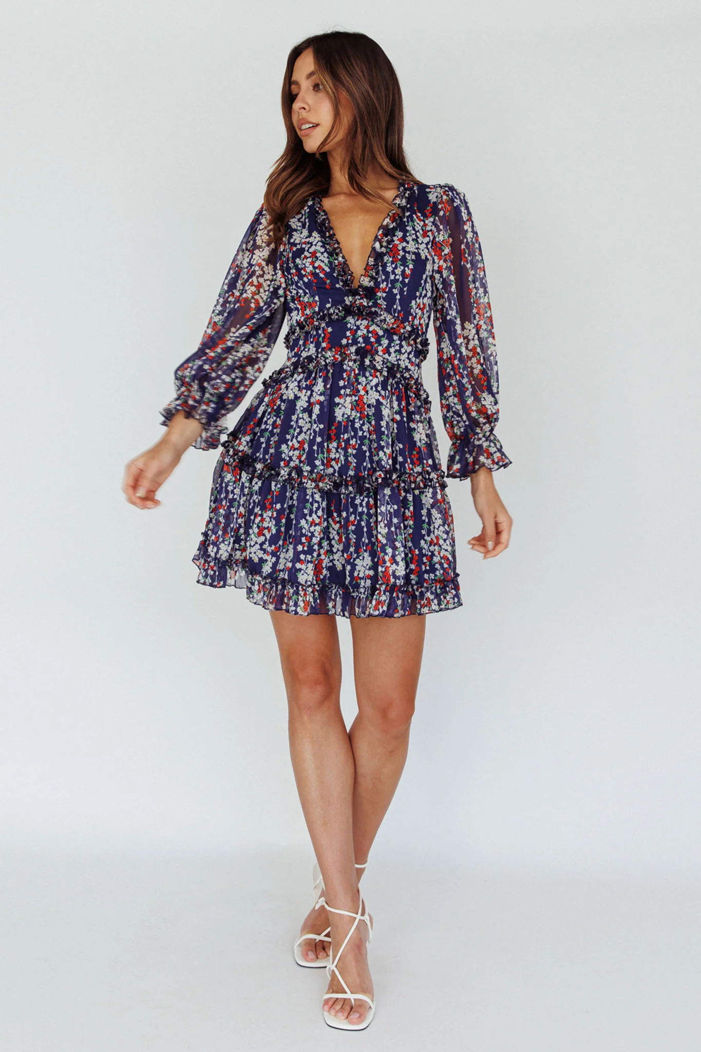 Laney Cutout Back Ruffle Detail Floral Dress Navy - Sonourner