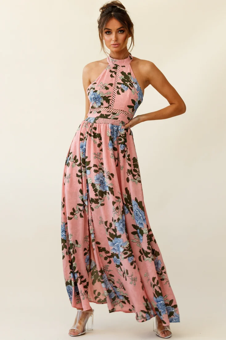 Baylor Floral Halterneck Maxi Dress Pink - Sonourner